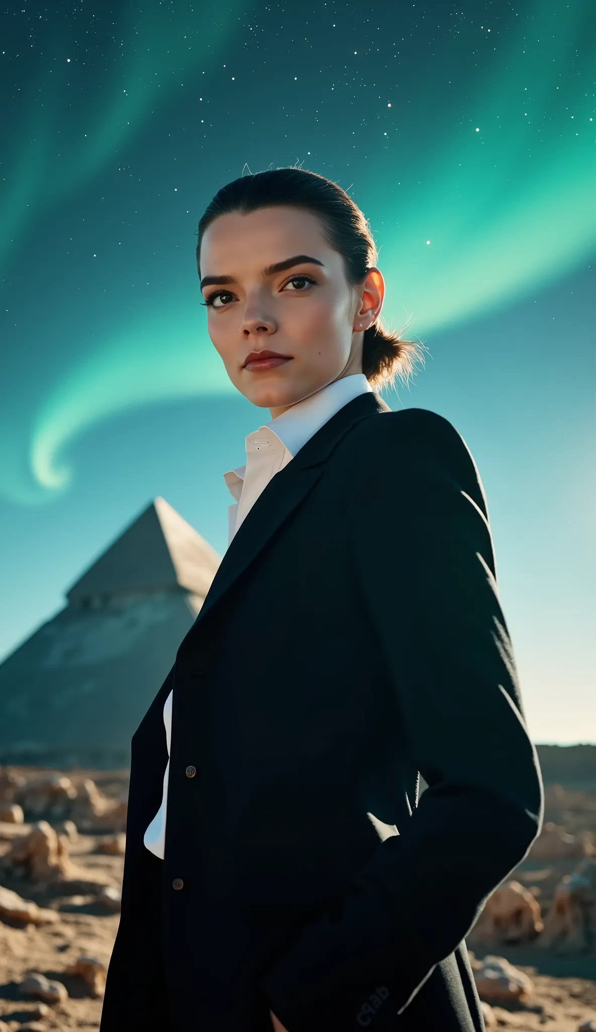 ultra realistic Anya Taylor-Joy with black suit and white shirt upper body, Background a mountain and pyramid sky with aurora borealis and stars 