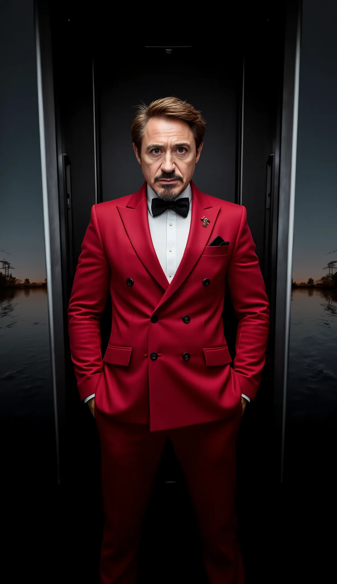 ROBERT DOWNEY JR in red tuxedo with black ultra sharp background with lakes trees people upper body