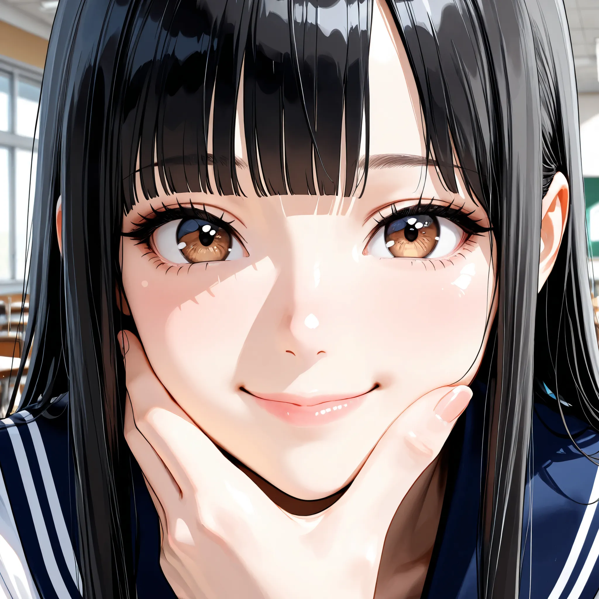 (masterpiece, Hi-Res, very high resolution, 8k, super detailed, top quality), Japanese Women, 1 high school girl, beautiful character design, tall from the school building, Clean face, (black hair, very long hair, straight hair, blunt bangs), beautifully d...