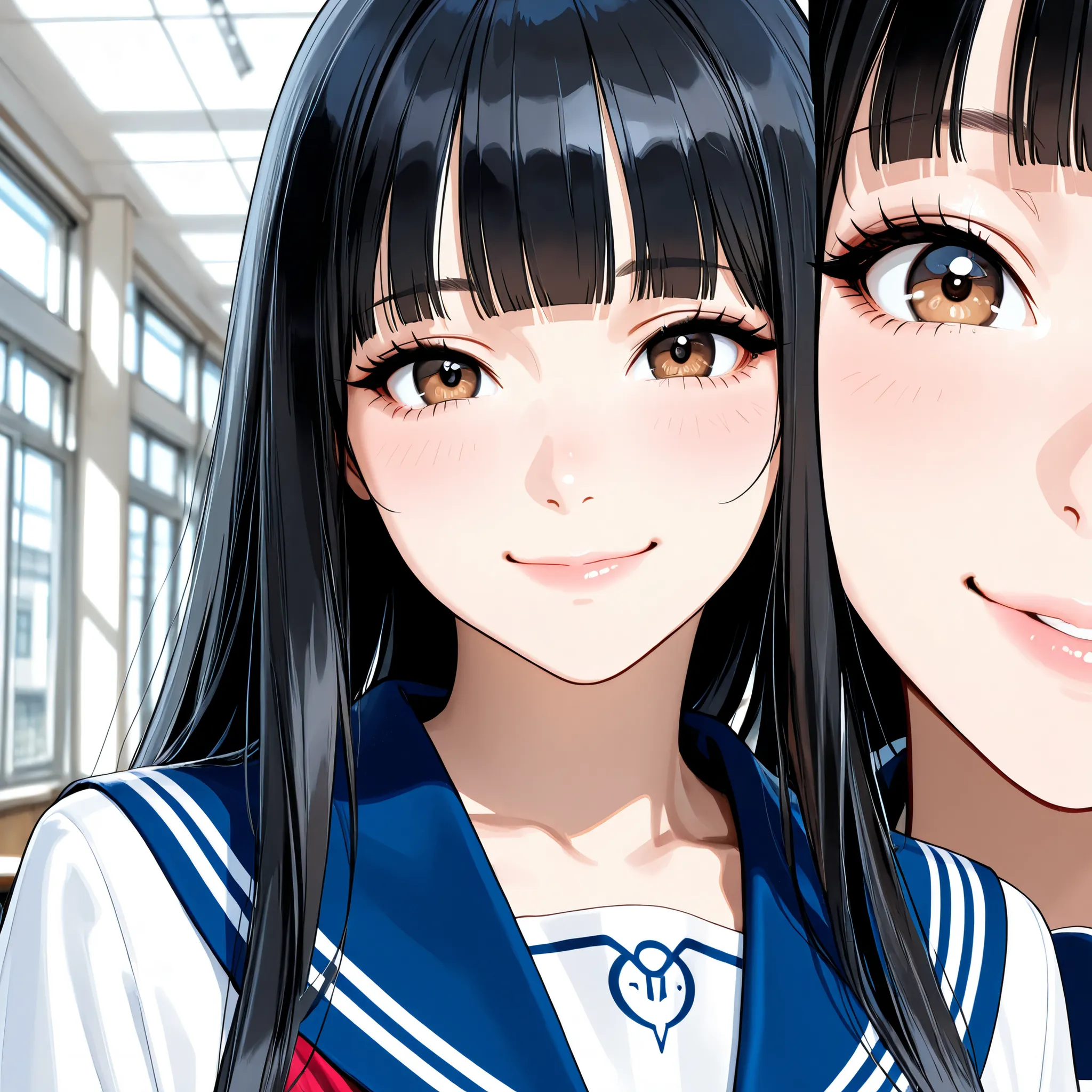 (masterpiece, Hi-Res, very high resolution, 8k, super detailed, top quality), Japanese Women, 1 high school girl, beautiful character design, tall from the school building, Clean face, (black hair, very long hair, straight hair, blunt bangs), beautifully d...