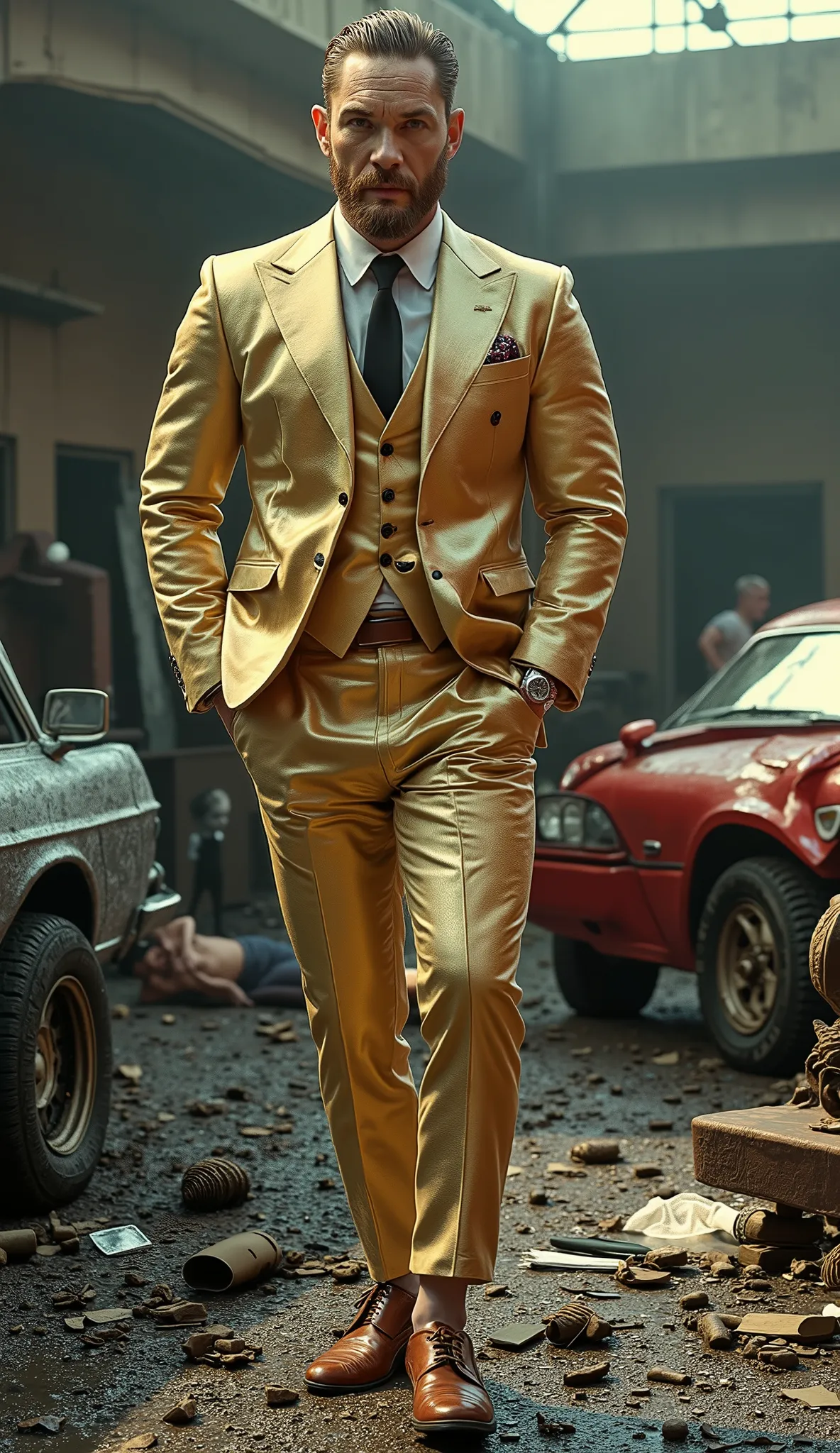 Tom Hardy in an ultra realistic beige and gold suit with a luxury watch on his wrist, Background of an abandoned house in a car a gram, a woman and broken glass ultra realistic lighting pole