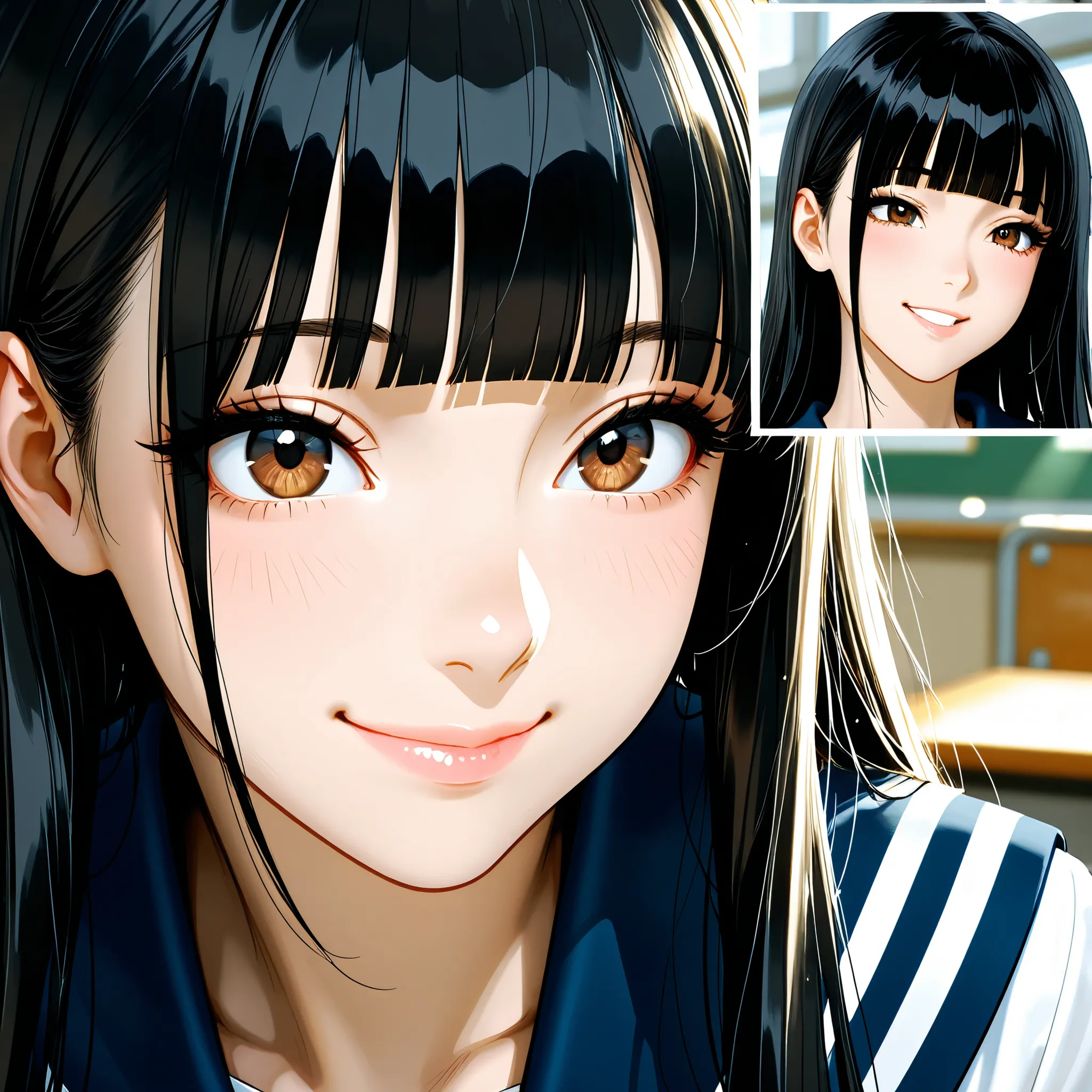 (masterpiece, Hi-Res, very high resolution, 8k, super detailed, top quality), Japanese Women, 1 high school girl, beautiful character design, tall from the school building, Clean face, (black hair, very long hair, straight hair, blunt bangs), beautifully d...