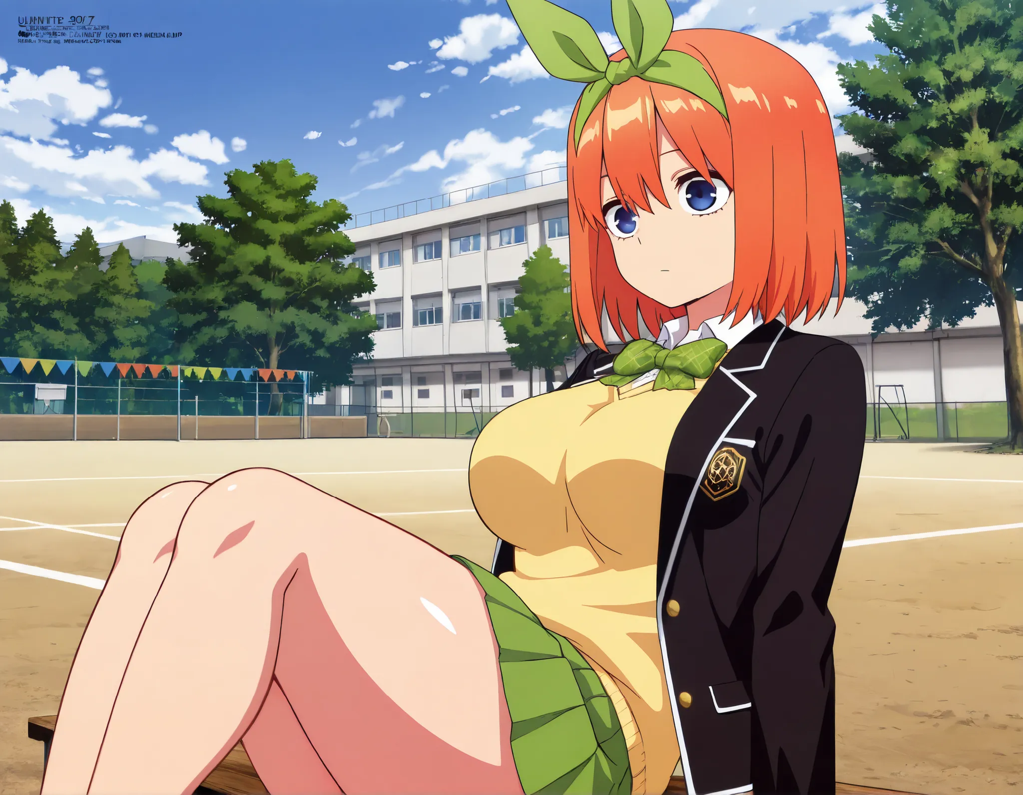 masterpiece,highest quality,amazing quality,unwellness expressionless y0tsuba, large breasts, orange hair, blue eyes, short hair, hair between eyes, green bow hairband, black blazer, open blazer, yellow sweater vest, white collared shirt, bowtie, plaid bow...