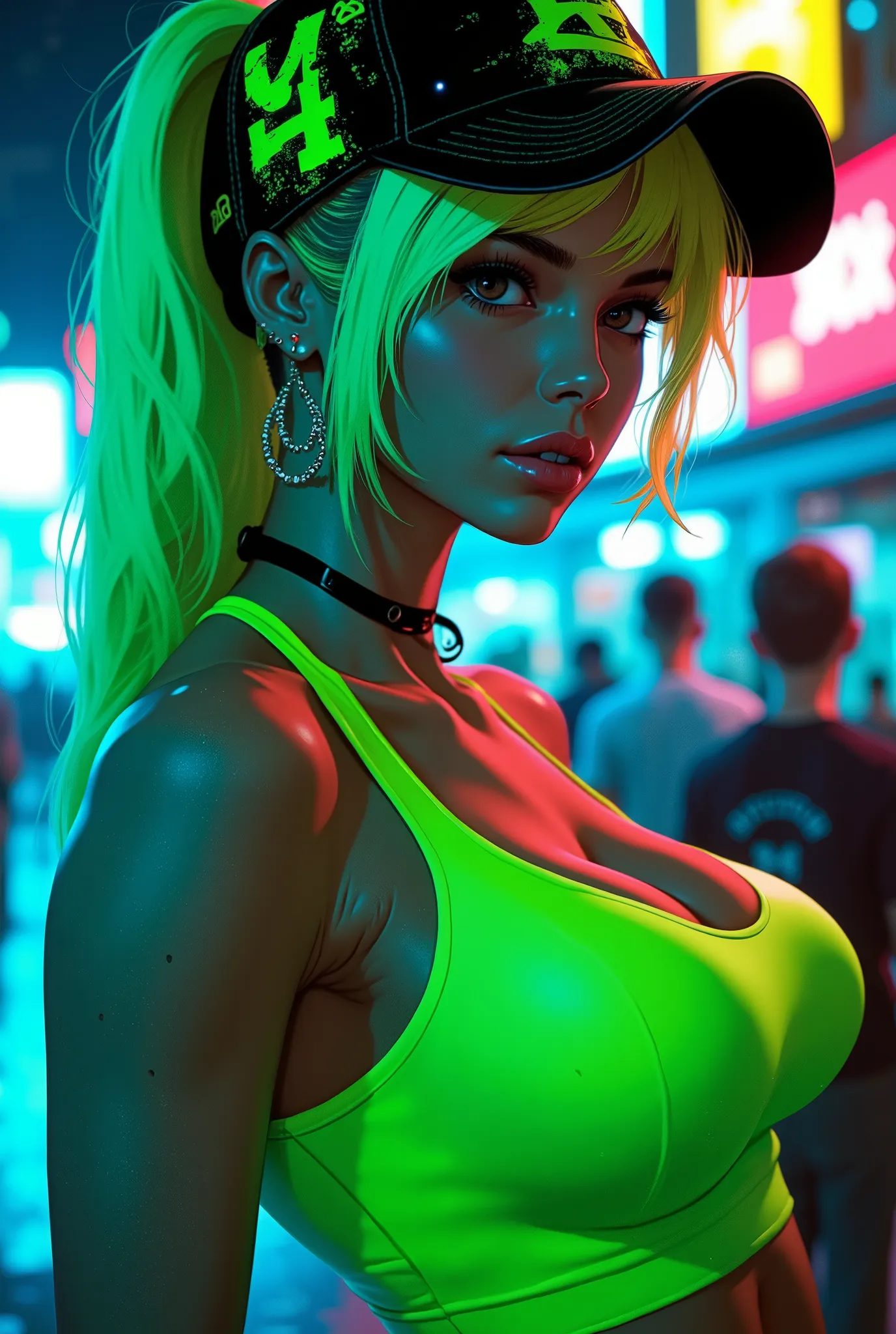 Digital artwork, stylized portrait of a woman with neon green hair tied in a ponytail, threaded through a black baseball cap with neon green graffiti roughly spray-canned on. Her light skin color accentuates her chiseled cheekbones, full lips and large, ex...