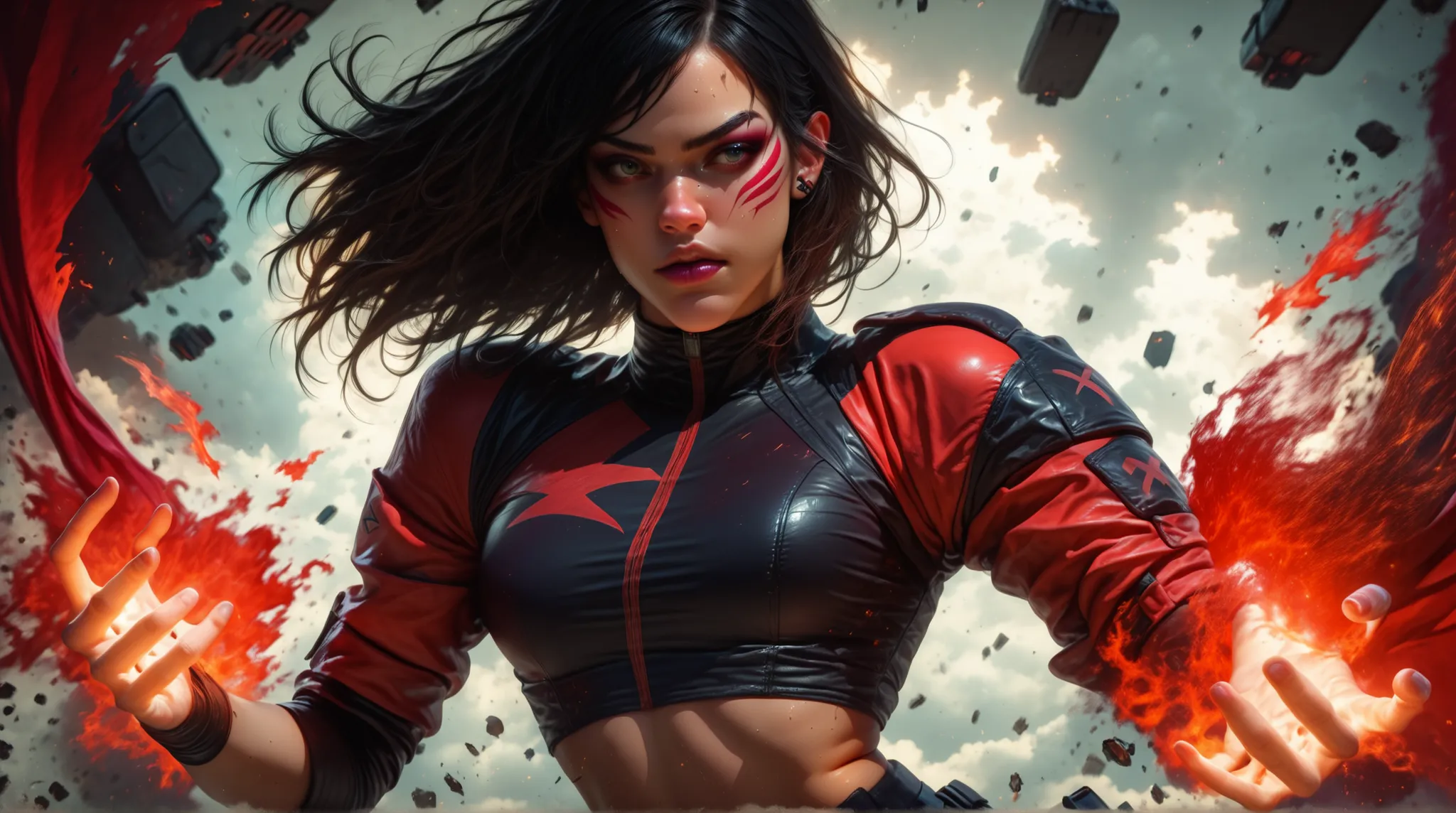 goth, realistic,anime,realistic,perfect battle sequence, "NINJA-VERSUS-APOCALYPSE-X", stunning cyber-enhanced kunoichi with exposed midriff and thigh-high boots, perfect body proportions, black quantum-infused outfit highlighting curves, red energy flowing...