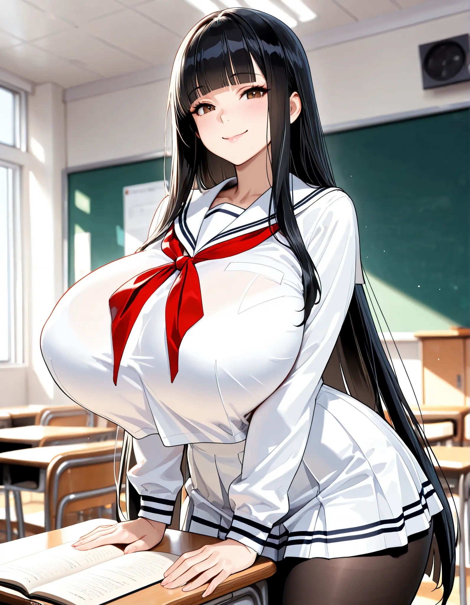(masterpiece, Hi-Res, very high resolution, 8k, super detailed, top quality), Japanese Women, 1 high school girl, beautiful character design, tall from the school building, Clean face, (black hair, very long hair, straight hair, blunt bangs), beautifully d...