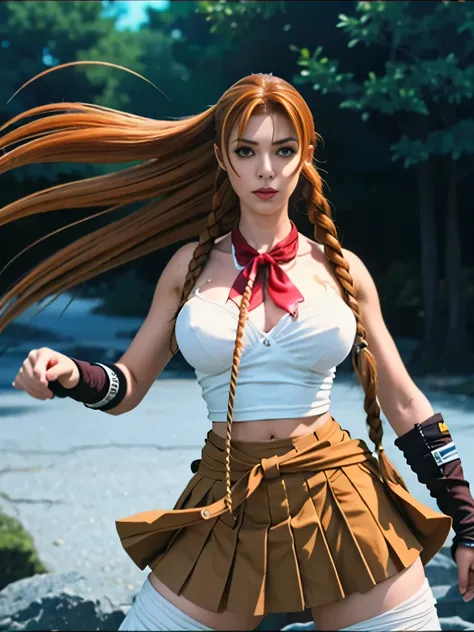 unparalleled masterpiece, 8k, high quality,perfect artwork, outdoor, 1girl,18yo,muscular female, Tenjou Tenge Anime Character, holding weapon,fingerless gloves, midriff, loose socks, pleated micro skirt, yellow neckerchief, earrings, loafers, low-tied long...