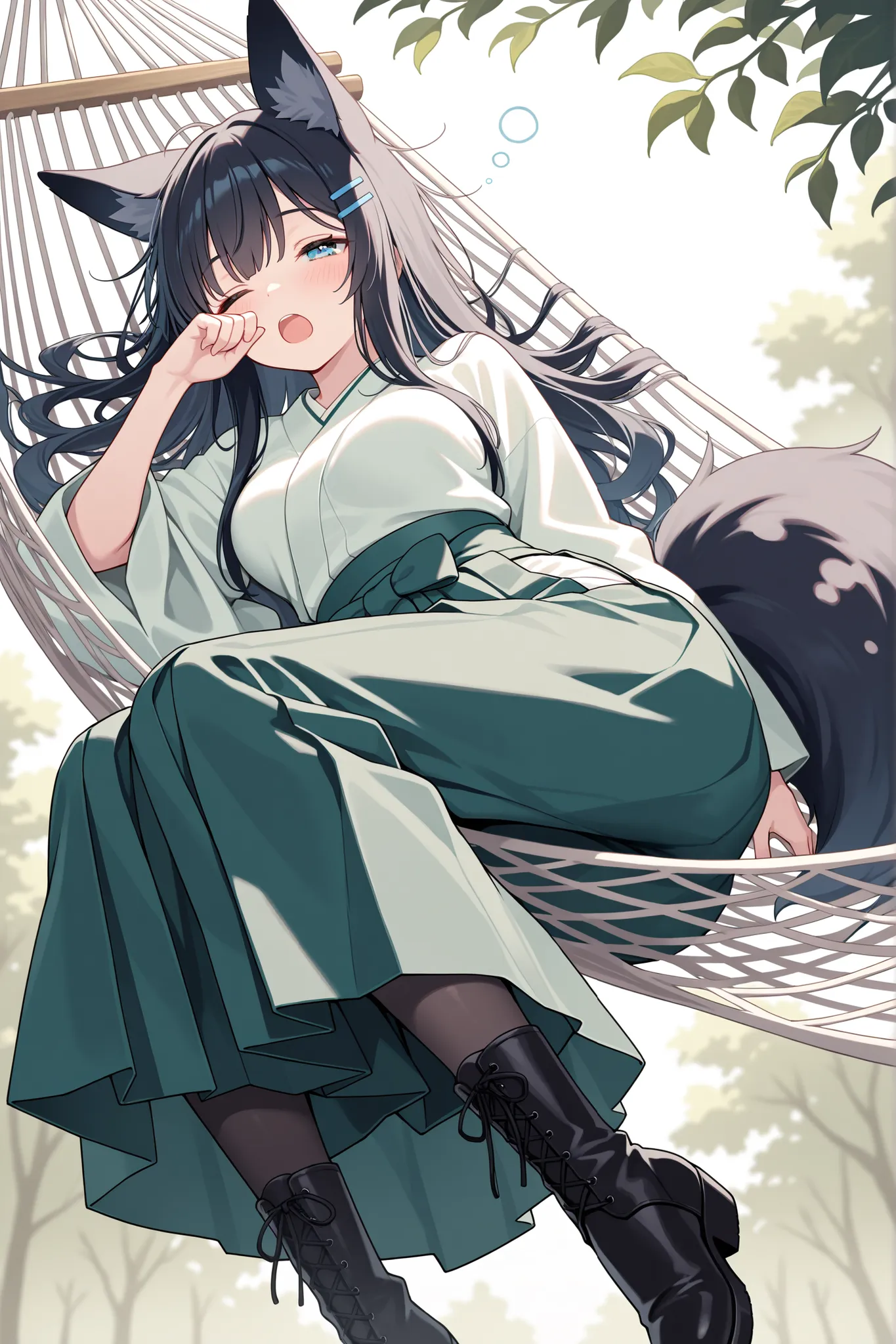 Masterpiece, best quality, High definition, high detailed, pastel-toned background , pale color ,pastel theme, solo, fox ears widow with black long hair and tail,blue hairpins, wearing a green and white hakama,pantyhose, japanese mikoshi, shy, little blush...