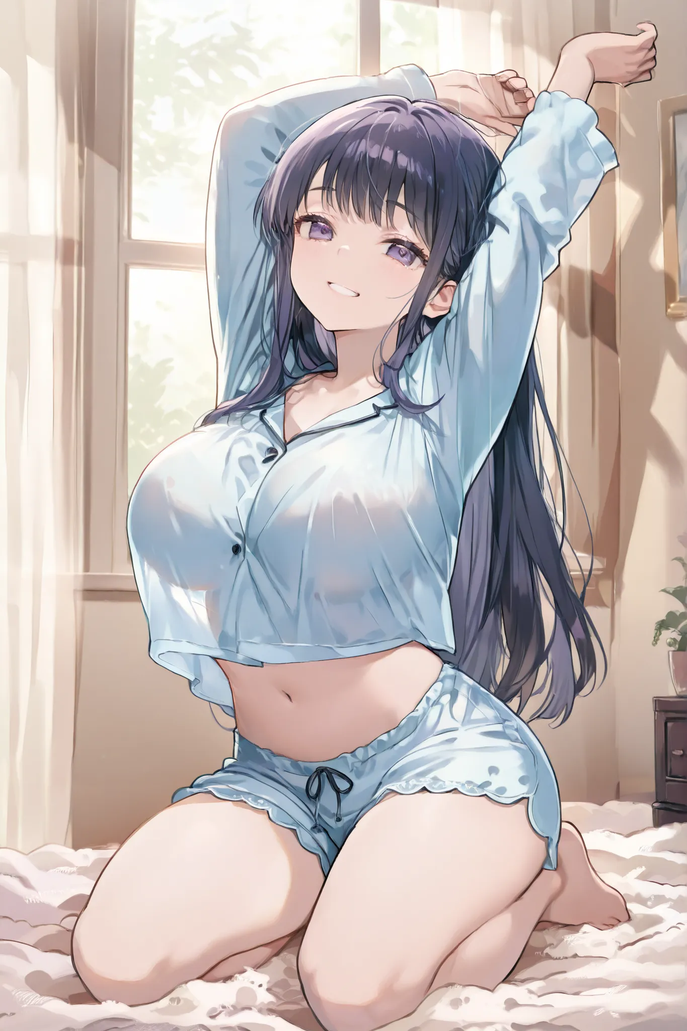 top quality next to viewers、masterpiece、cute、big breasts、A young woman is stretching by the window, She is basking in the morning sun with her arms raised up。The bottoms of her pajamas are rolled up、Her belly and thighs are slightly visible。she doesn't not...