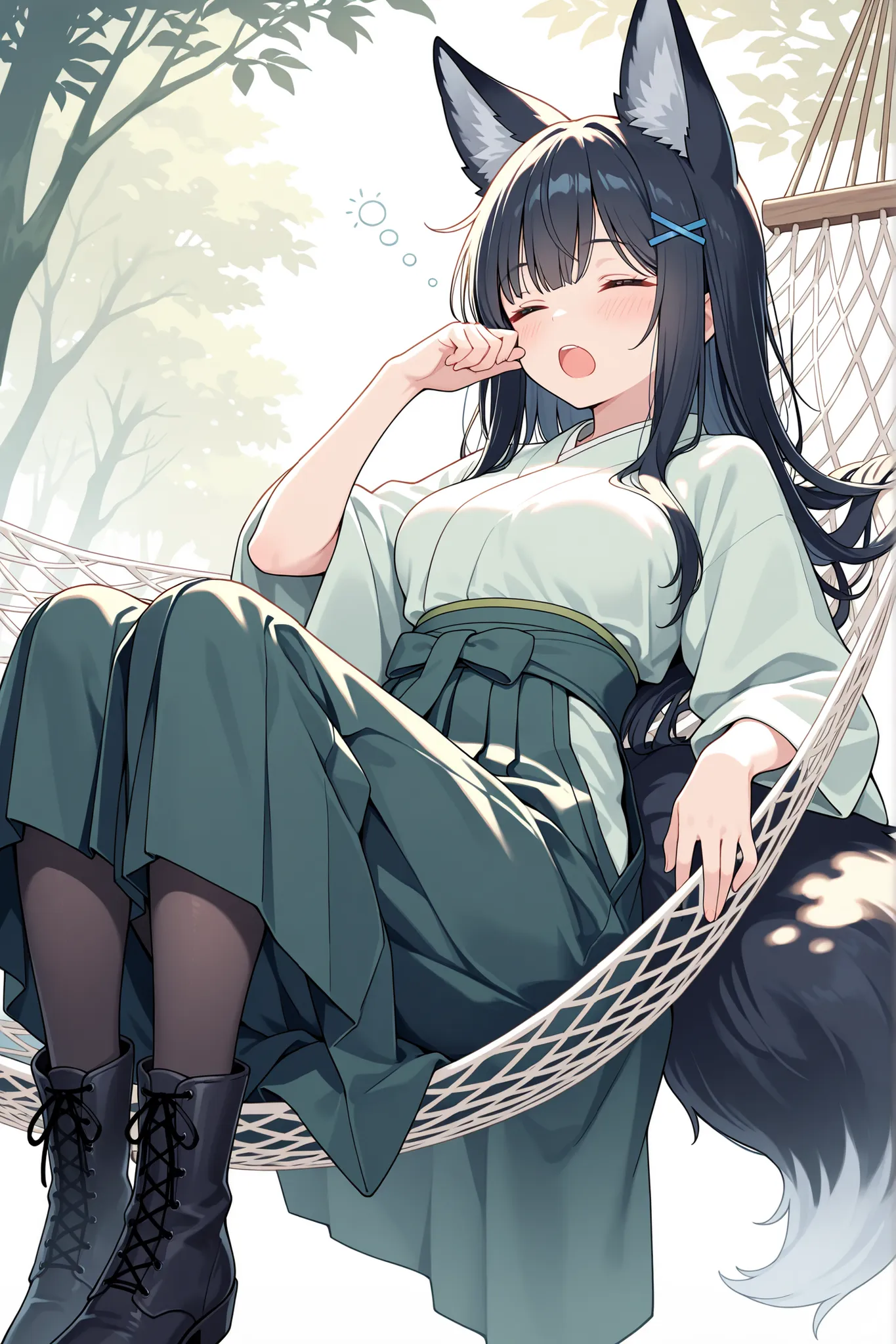 Masterpiece, best quality, High definition, high detailed, pastel-toned background , pale color ,pastel theme, solo, fox ears widow with black long hair and tail,blue hairpins, wearing a green and white hakama,pantyhose, japanese mikoshi, shy, little blush...