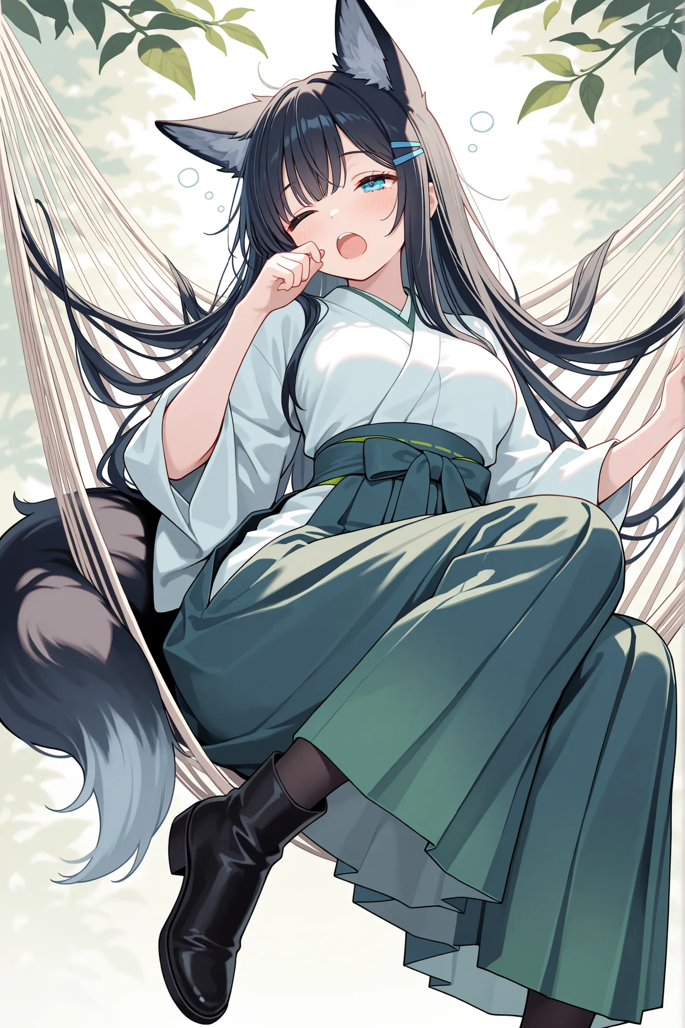 Masterpiece, best quality, High definition, high detailed, pastel-toned background , pale color ,pastel theme, solo, fox ears widow with black long hair and tail,blue hairpins, wearing a green and white hakama,pantyhose, japanese mikoshi, shy, little blush...
