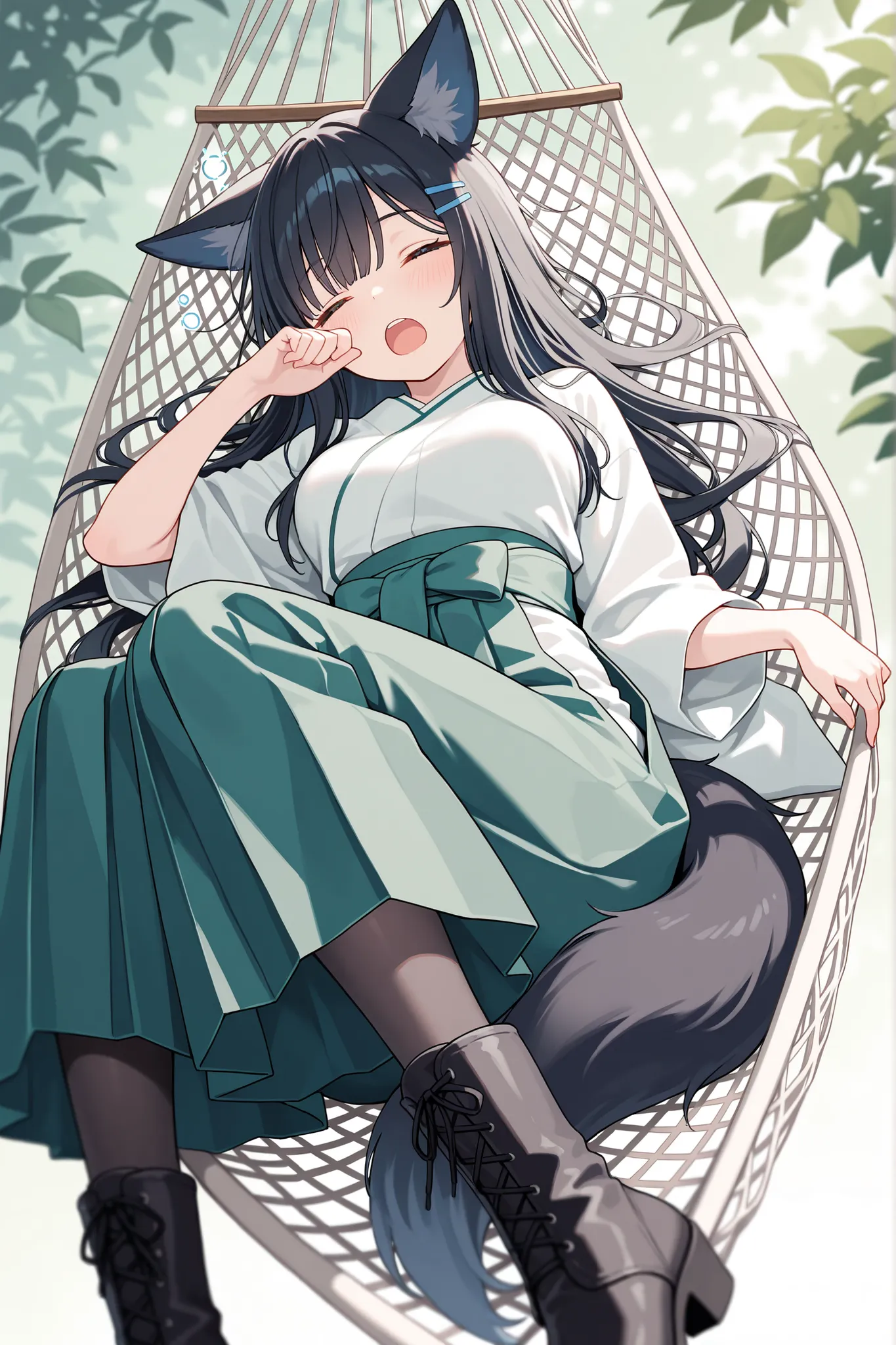 Masterpiece, best quality, High definition, high detailed, pastel-toned background , pale color ,pastel theme, solo, fox ears widow with black long hair and tail,blue hairpins, wearing a green and white hakama,pantyhose, japanese mikoshi, shy, little blush...