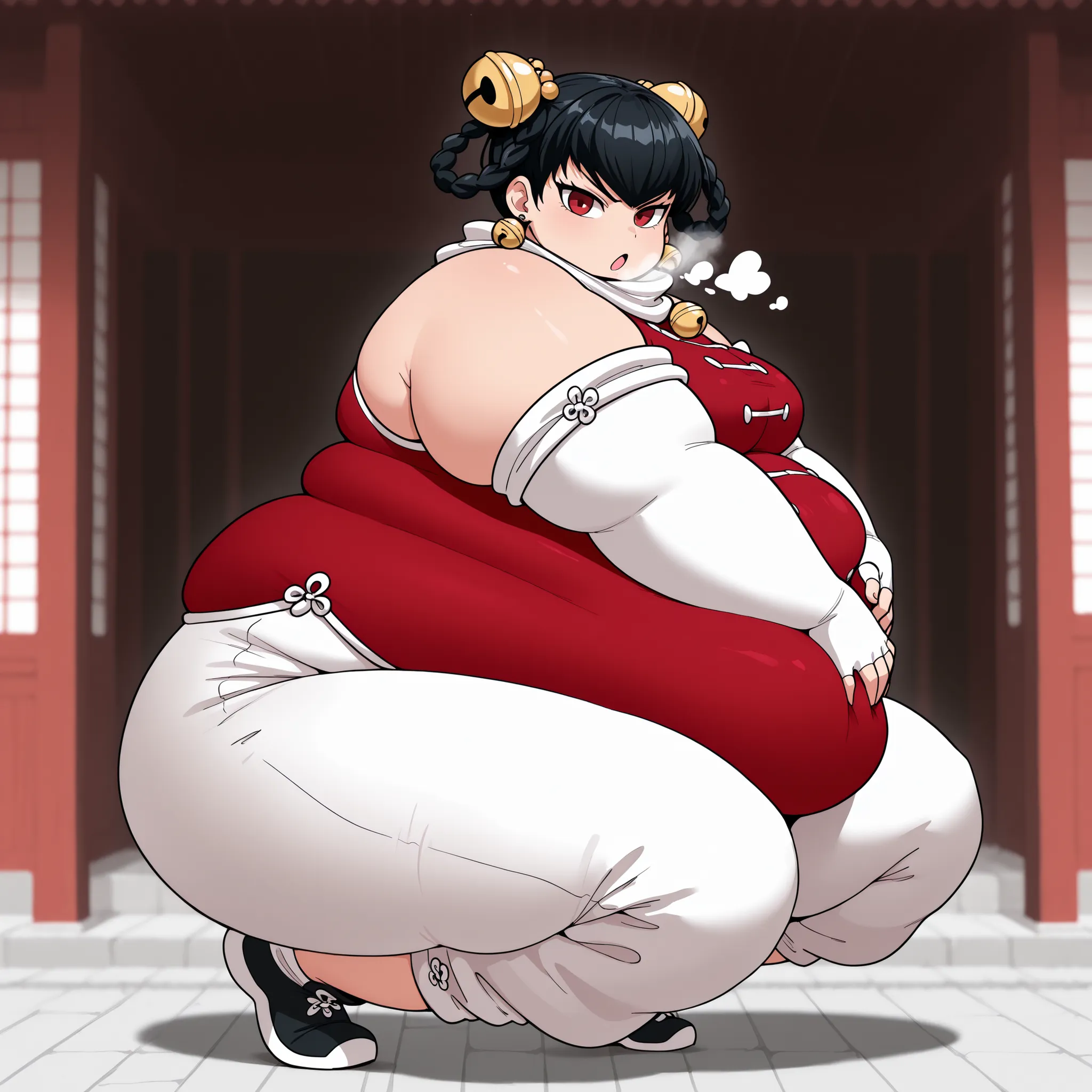 masterpiece, best quality, 1girl, solo,   opmll, black hair, short hair, hair rings, twin braids, red eyes, hair bell, earrings, white scarf, red shirt, sleeveless shirt, detached sleeves, elbow gloves, fingerless gloves, white pants, baggy pants, medium b...
