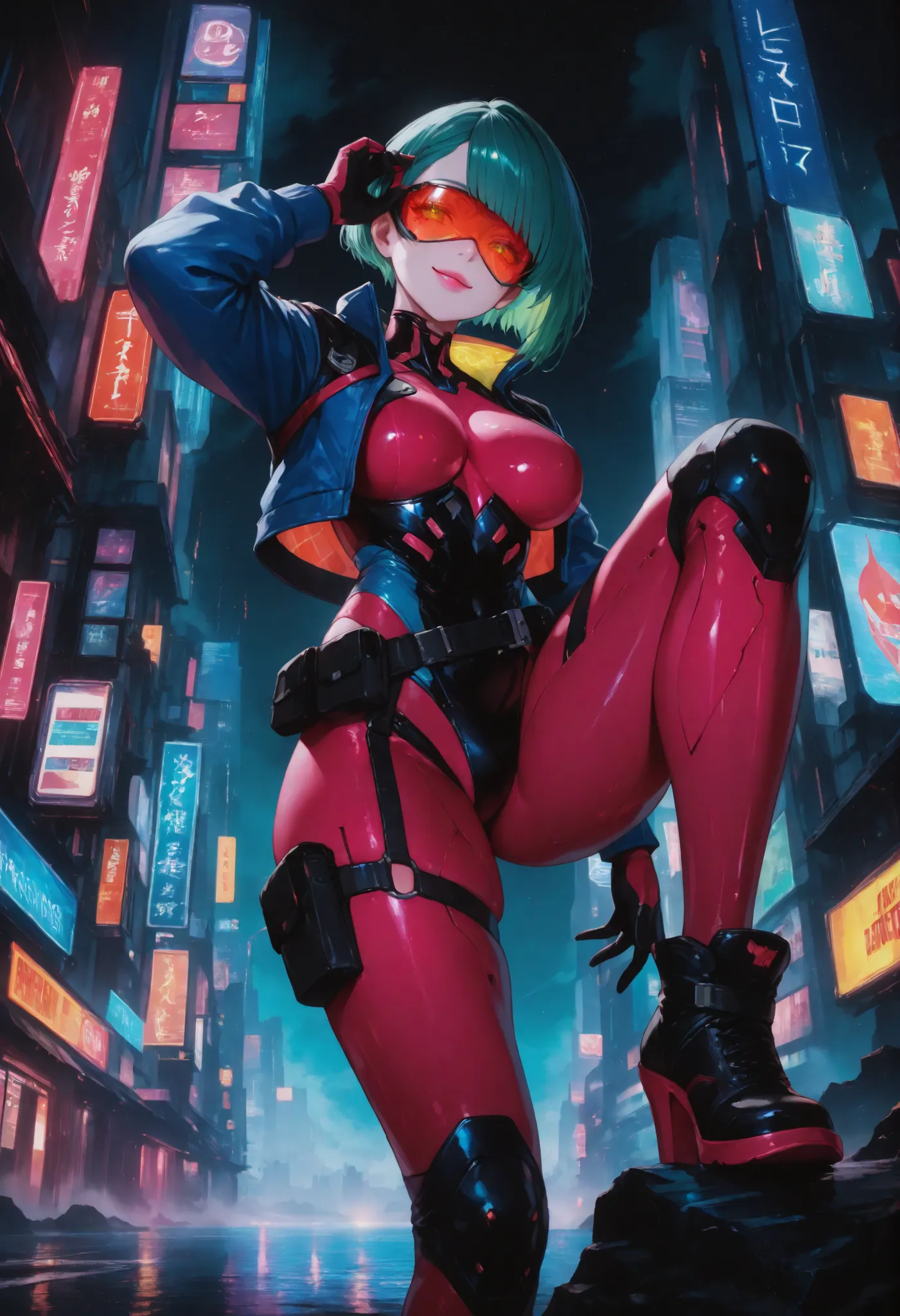 br_art, masterpiece, top quality, great quality, very aesthetic, Newest, very detailed, flat color, sharp focus from a distance, bright colors, Soft Writing, cinematic composition, cyberpunk, beautiful woman, green hair, short hair, Long and thick eyelash...