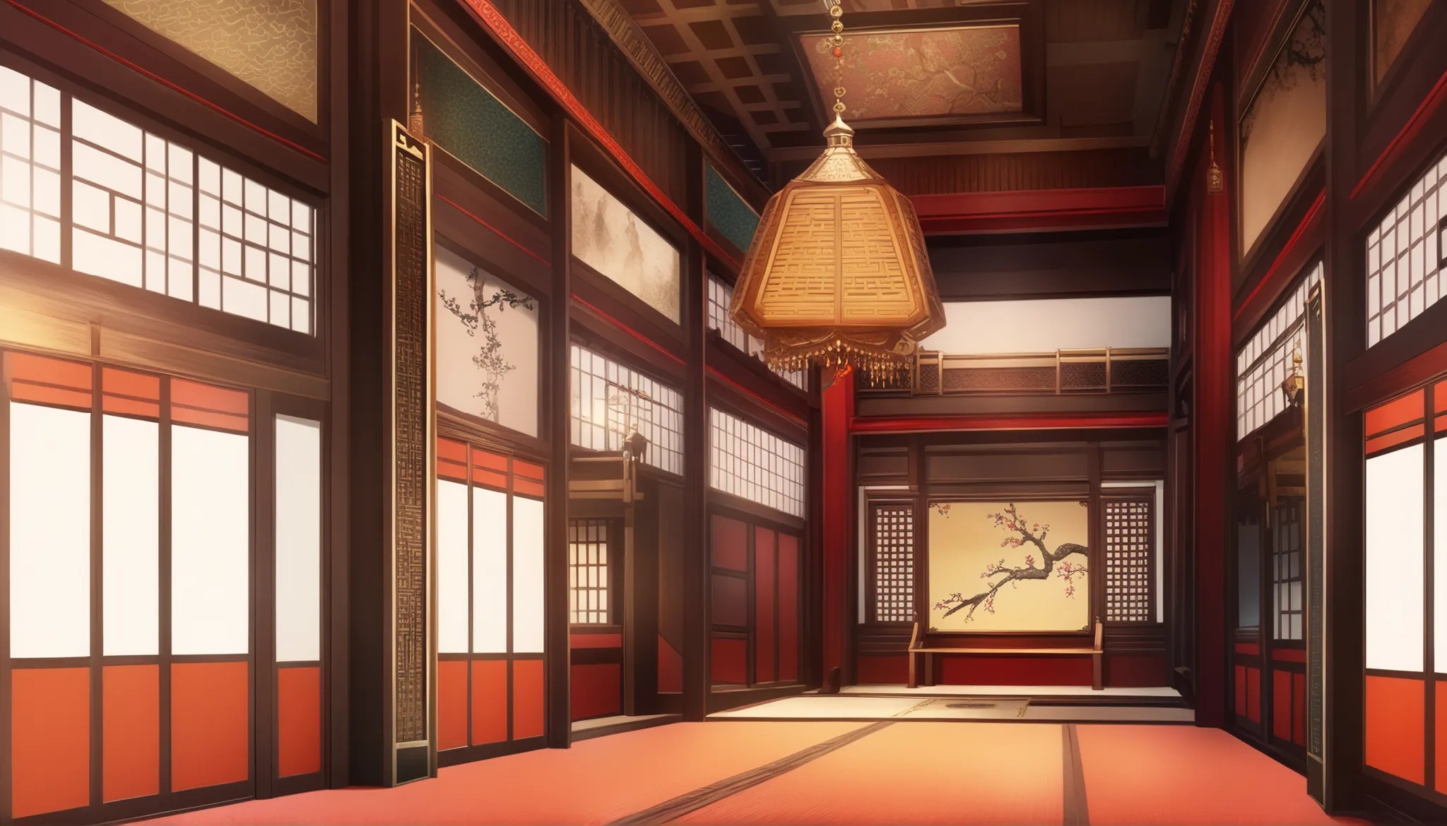 Royal hall, asian style, oriental interior, background, scenery, detailed, hi_res