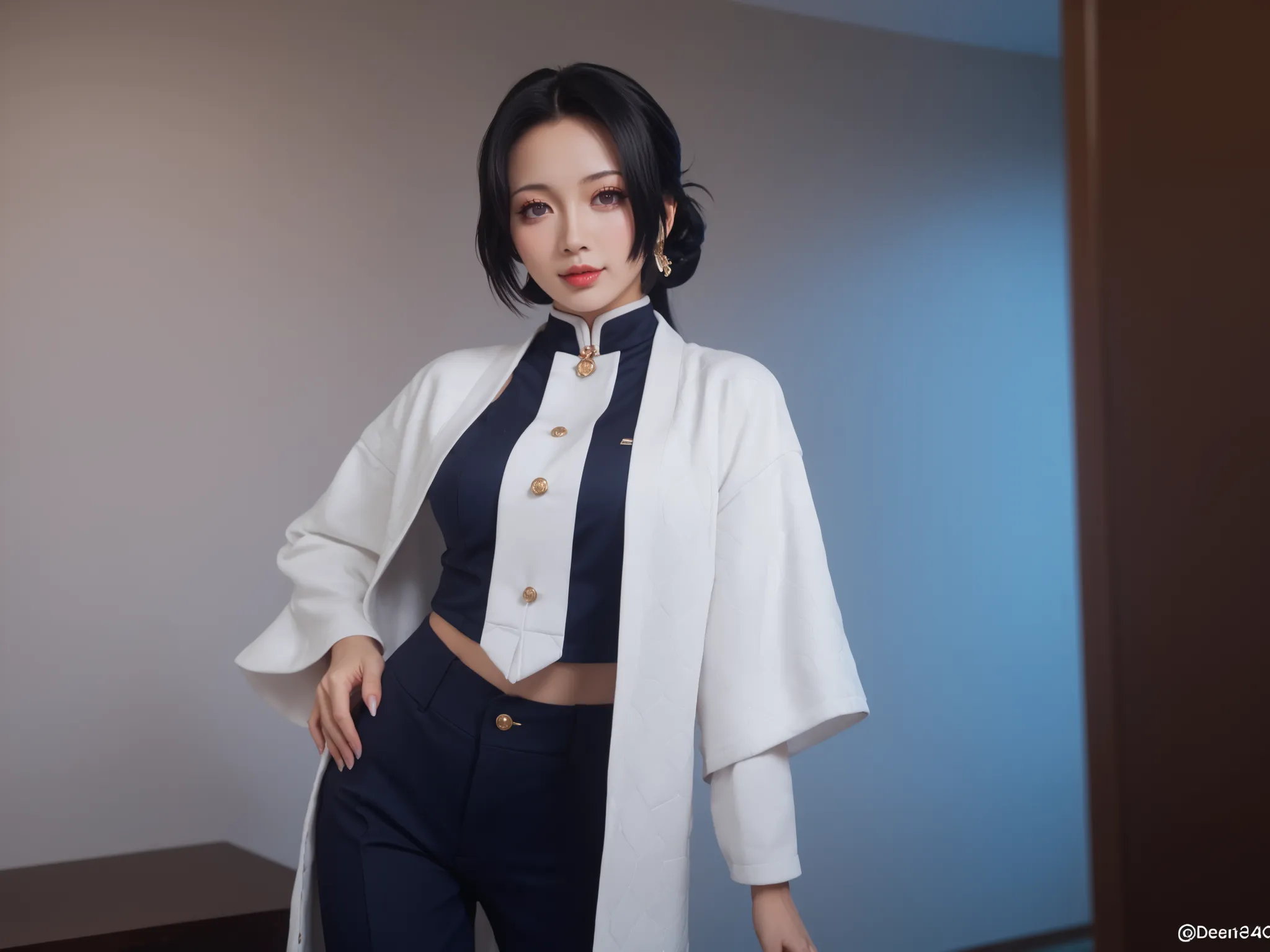 Shinobu kocho, seios grandes,direito,de lado,  Japanese room, boa qualidade ,Obra de arte,bom detalhe,boa anatomia, perfect and detailed face, perfect and detailed,high definition,4k,8k,  good lighting ,  good resolution ,tarde,  demon hunter uniform backg...