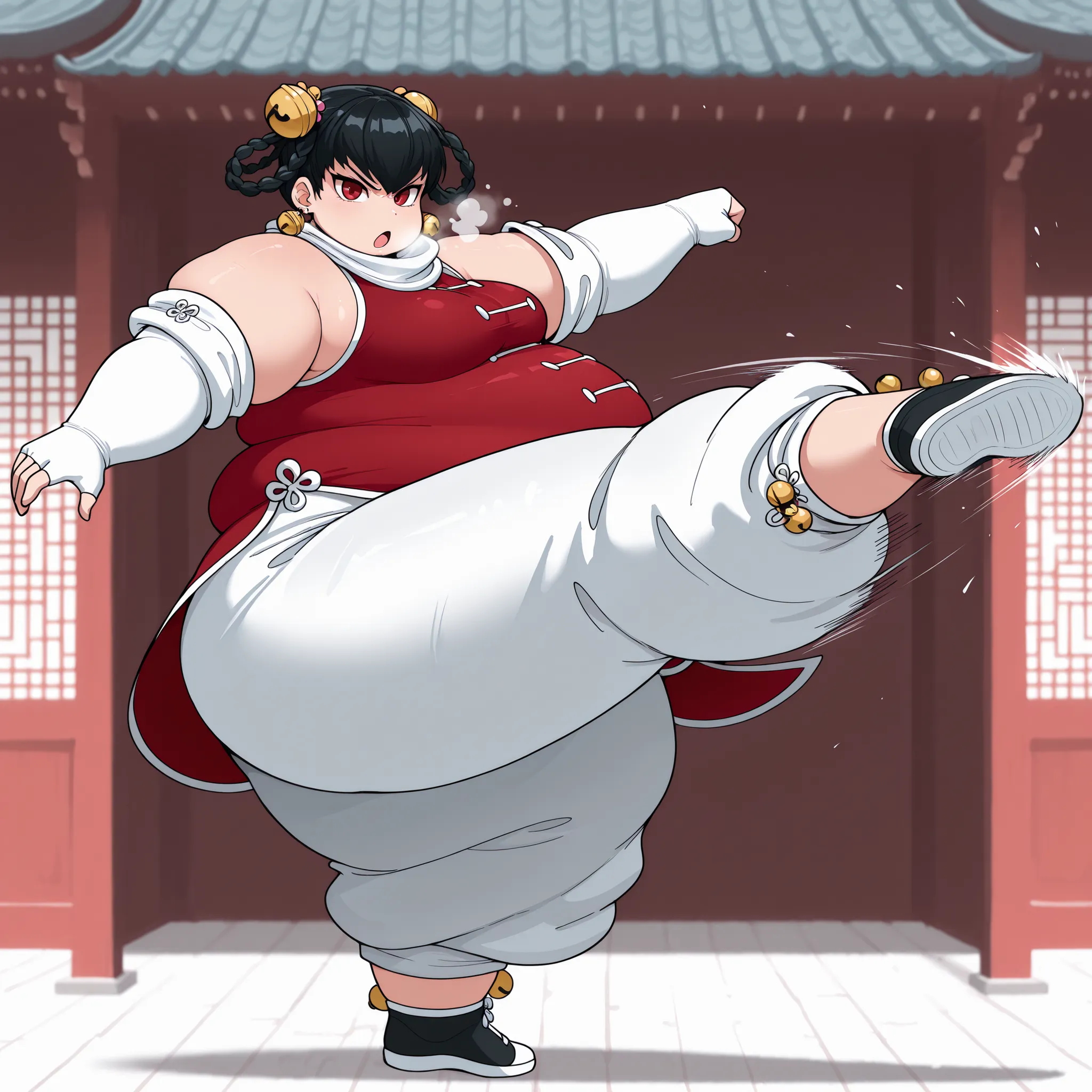 masterpiece, best quality, 1girl, solo,   opmll, black hair, short hair, hair rings, twin braids, red eyes, hair bell, earrings, white scarf, red shirt, sleeveless shirt, detached sleeves, elbow gloves, fingerless gloves, white pants, baggy pants, medium b...