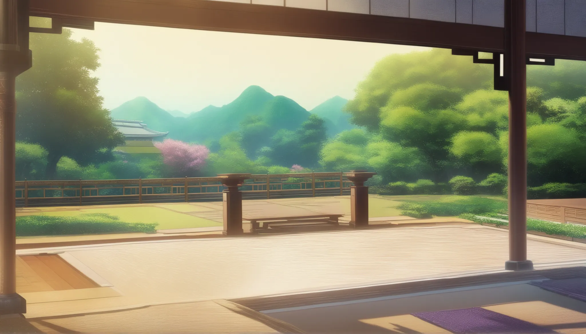 Terrace with a view on a garden, asian style, oriental, background, scenery, detailed, hi_res, anime art