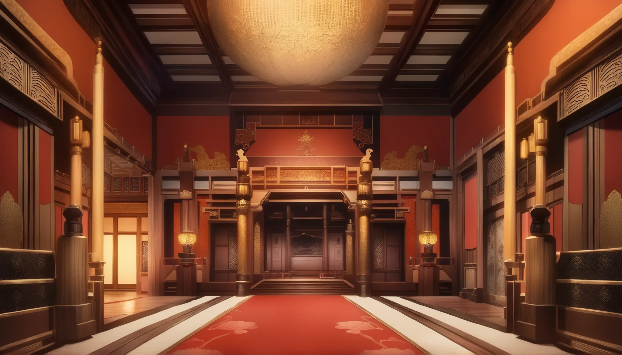 Royal hall, asian style, oriental interior, background, scenery, detailed, hi_res