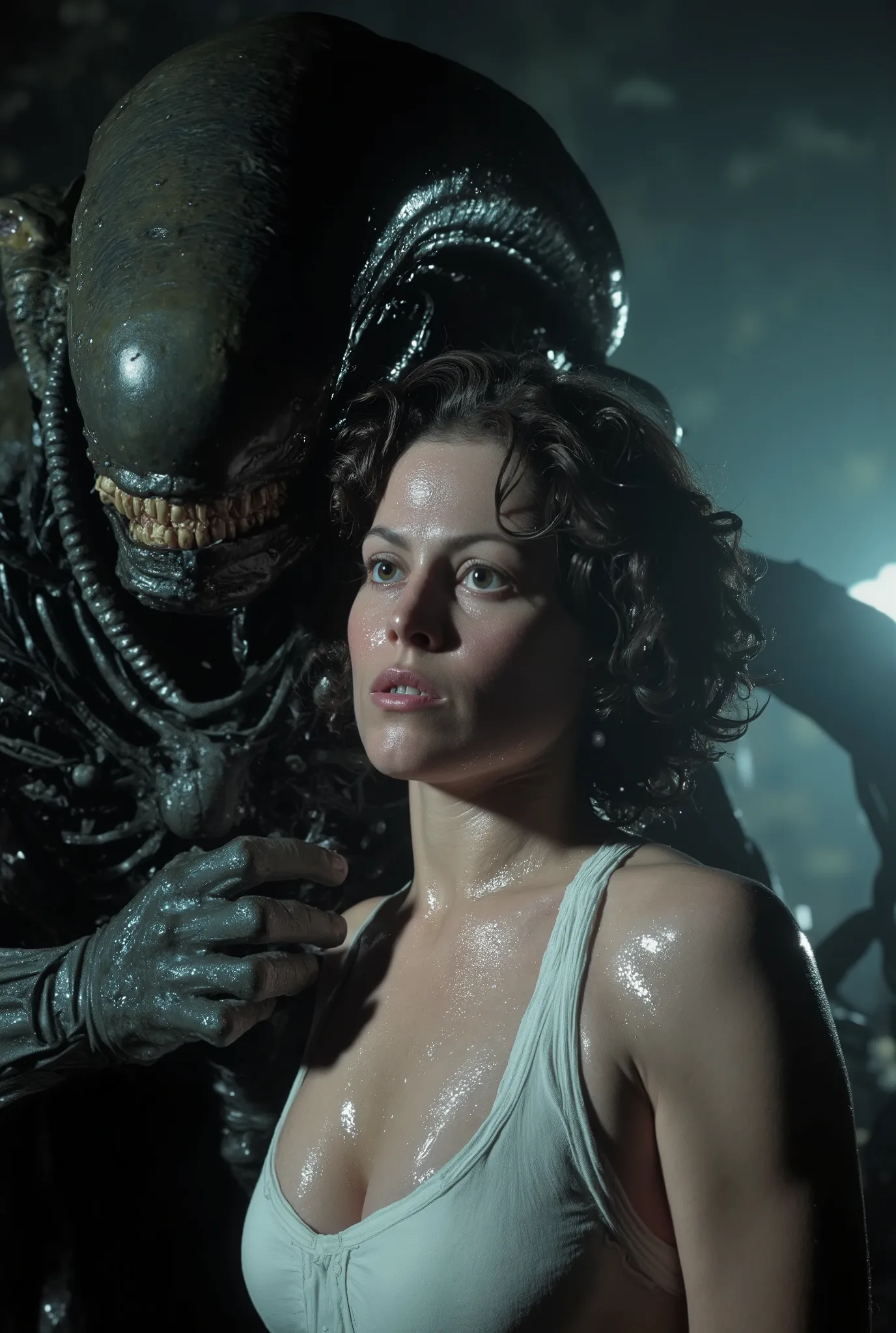 a massive xenomorph dick fuck unconscious Ellen Ripley pussy hard, Ellen Ripley is gunge all over her body and cum on her face