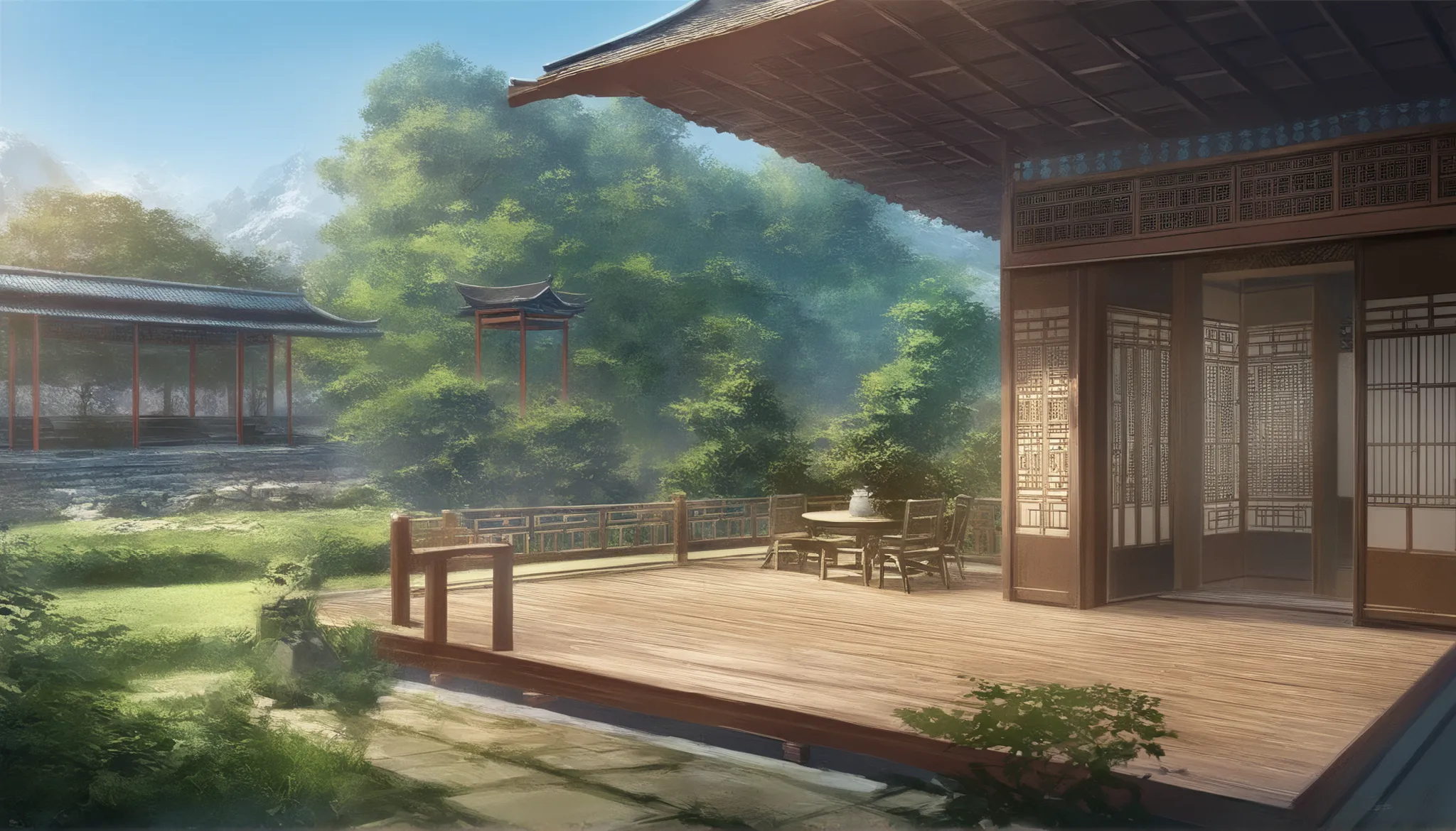 Terrace with a view on a garden, asian style, oriental, background, scenery, detailed, hi_res, greg rutkowski