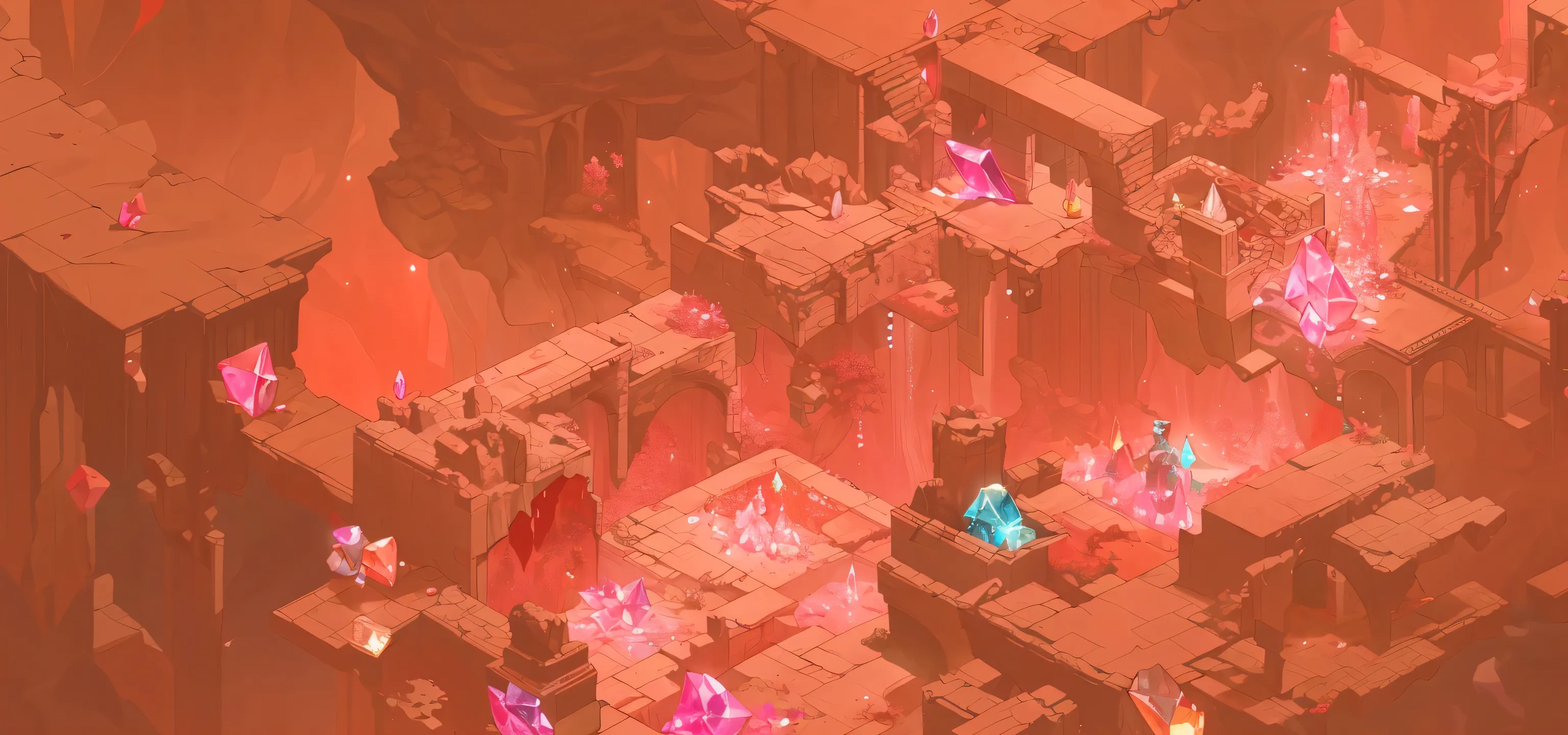A game scene of a relic cave, the ruins of the relic, the ruins of the relic are filled with crystals, colorful crystals, red crystal gems, cyan crystal gems, in a 2D style, a 2D Genshin Impact style, 4K ultra-high-definition picture quality.