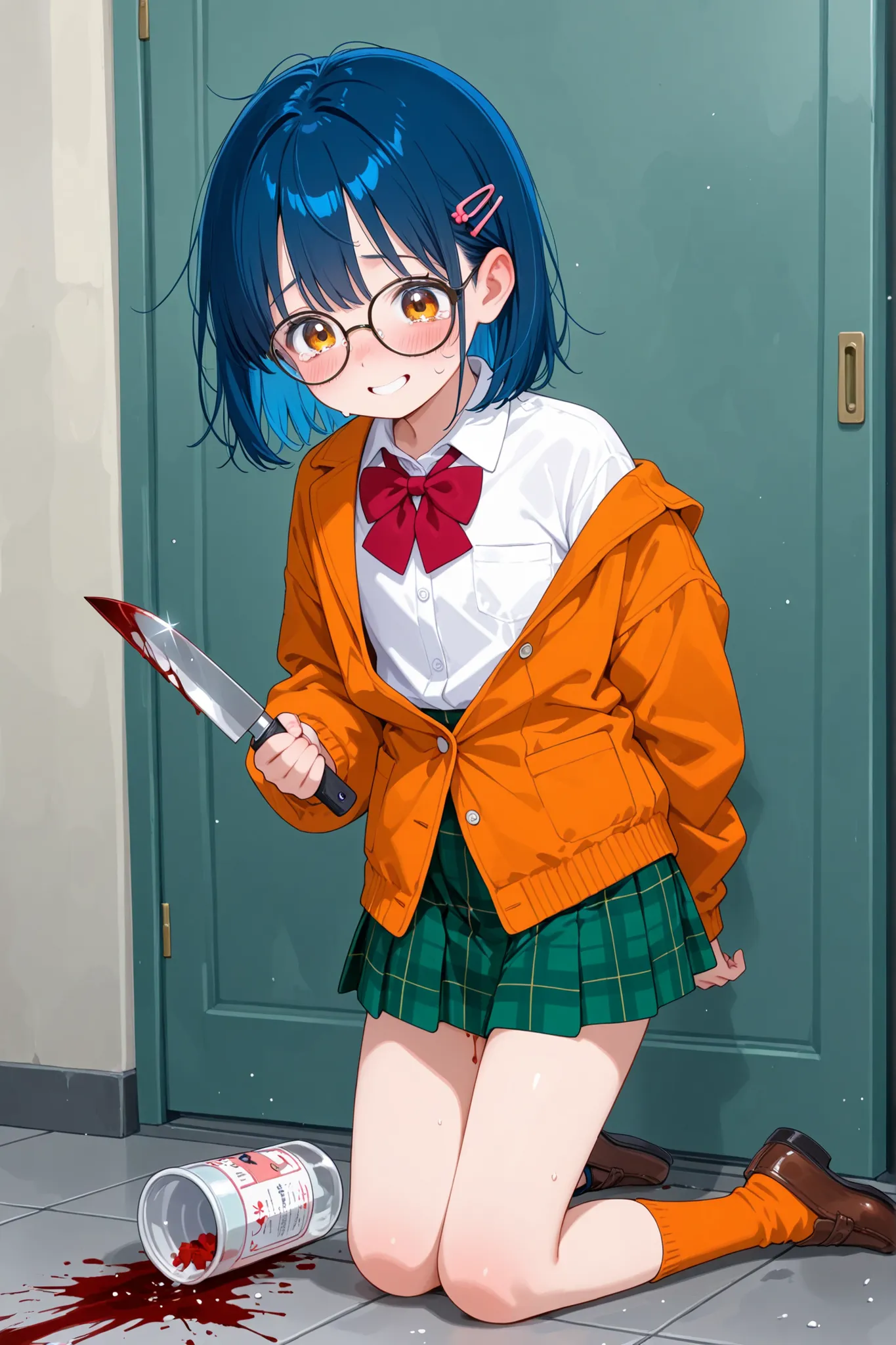 Young Girl, short blue hair, glasses, hair clips, white shirt, red bowtie, green plaid mini skirt, orange jacket tied at the waist, long ripped black socks, clumsy, wrinkled clothes, nerdy, shy, blush, smiling,  holding a knife, knife covered in blood, red...