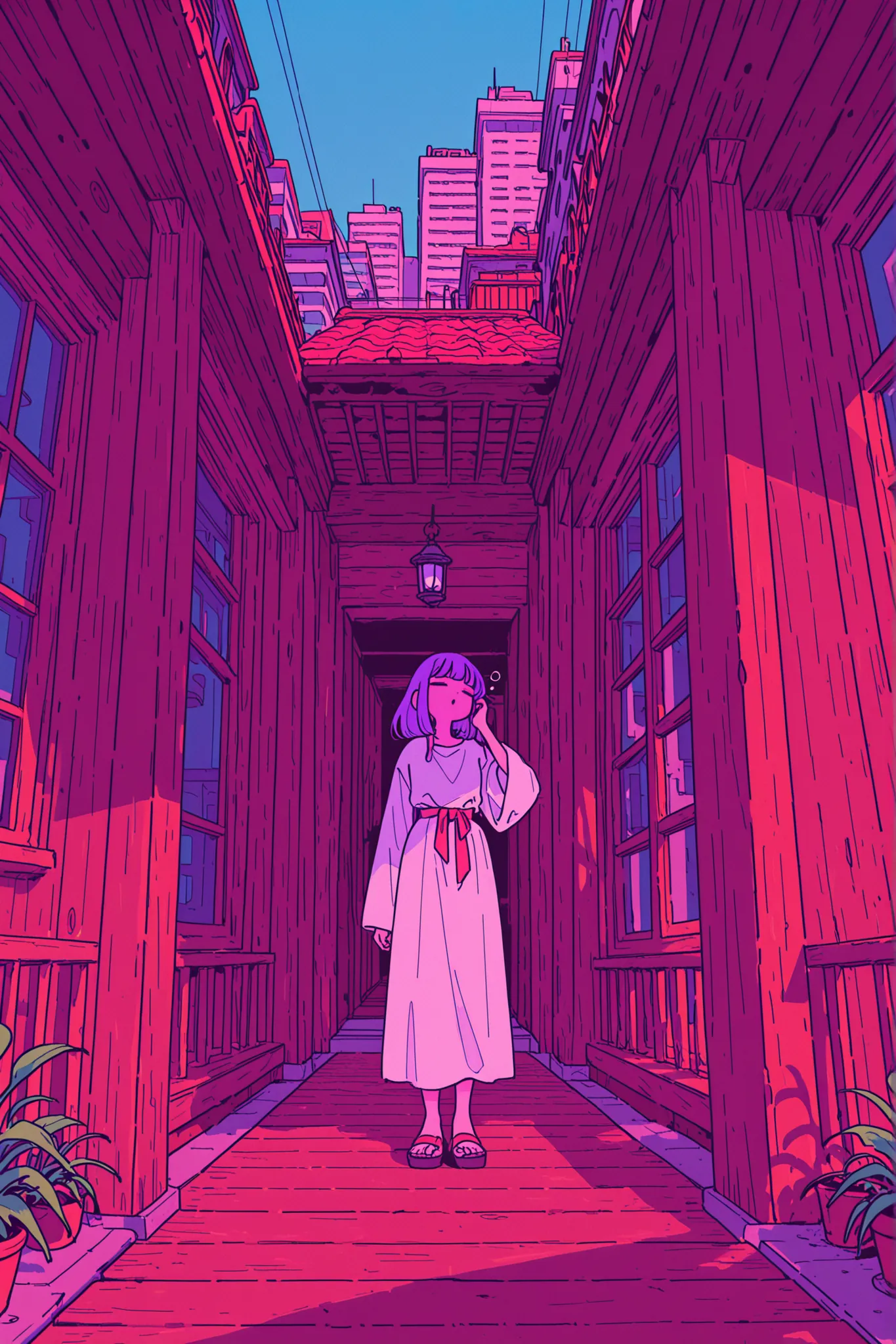Sleepy Neighbor Sister, full body, bolhas do sonho, is on a tall porch, View of the city below, ao fundo por do sol, crepusculo, noite, luzes da cidade