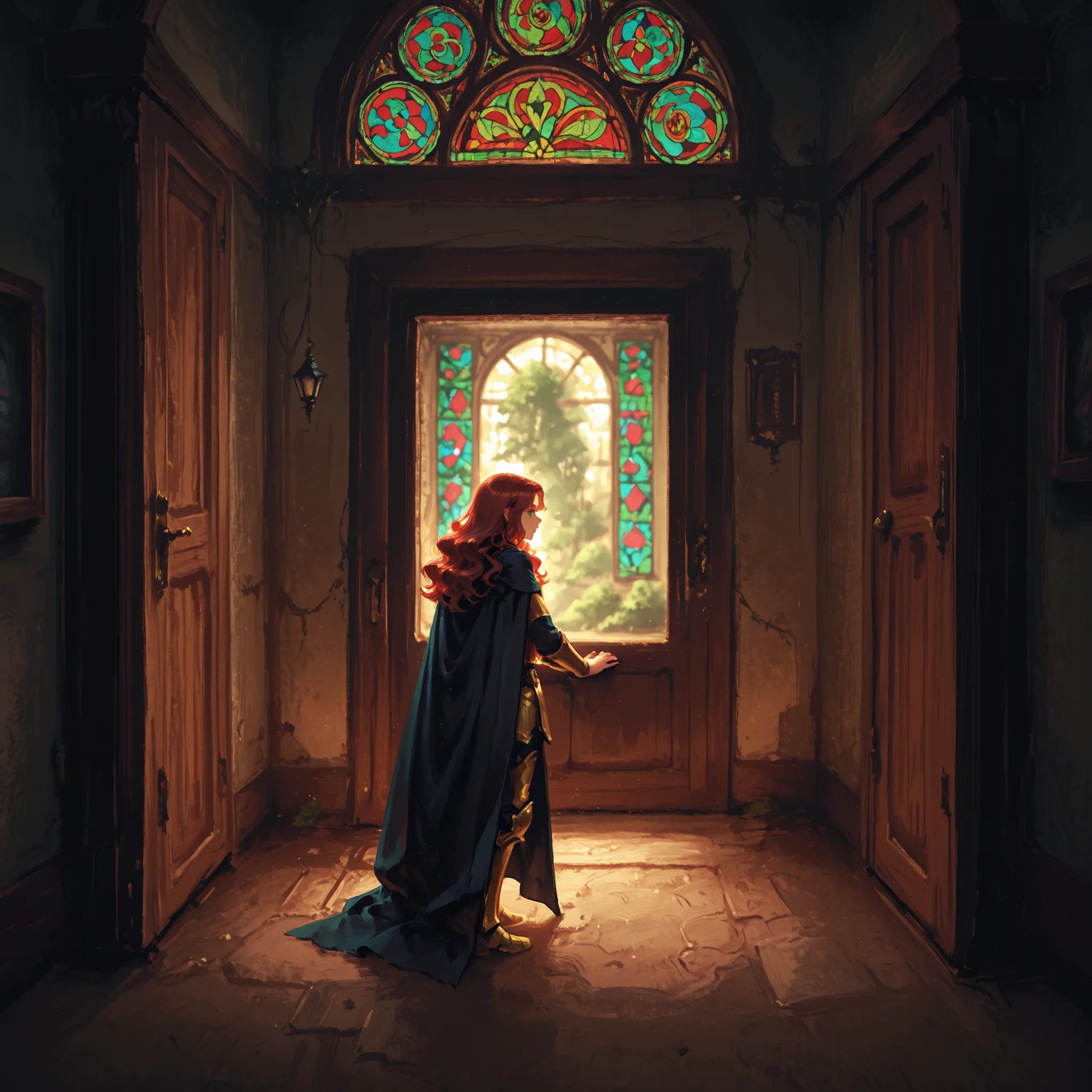 1girl, solo, original, red hair, wavy hair, green eyes, gold armor, long-sleeved shirt, folded in prayer, cascades, wooden door, stained glass window, Magical, Fairy tale, fantastical, enchanting, storybook style, depth of field, blurry background