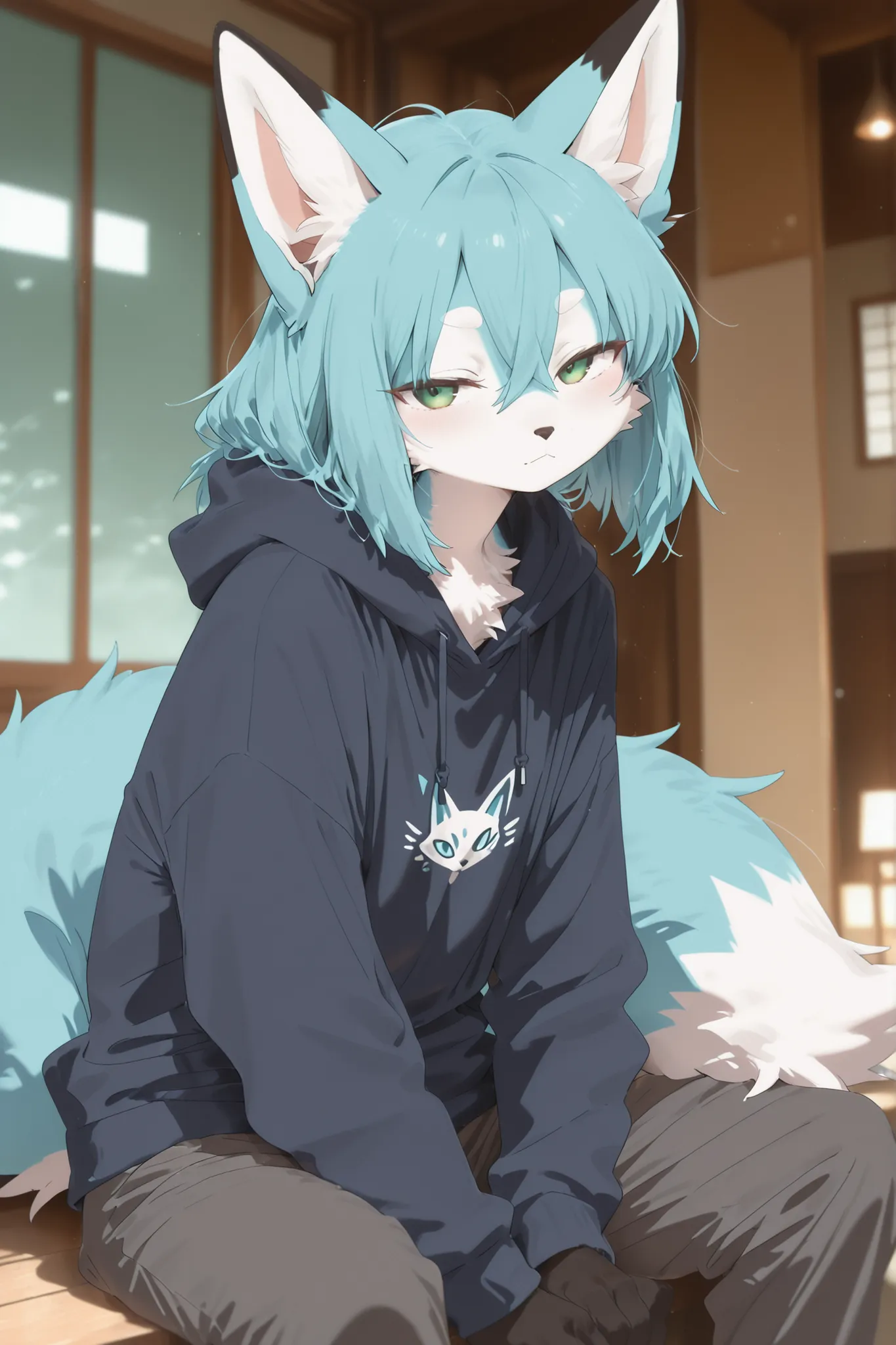 (masterpiece, detailed:1.2),Kemono,solo, male furry fox, detailed fur, blue and white, green eyes, Hair blue, sit, white Eyebrows, Hoodie dark blue, Pants black