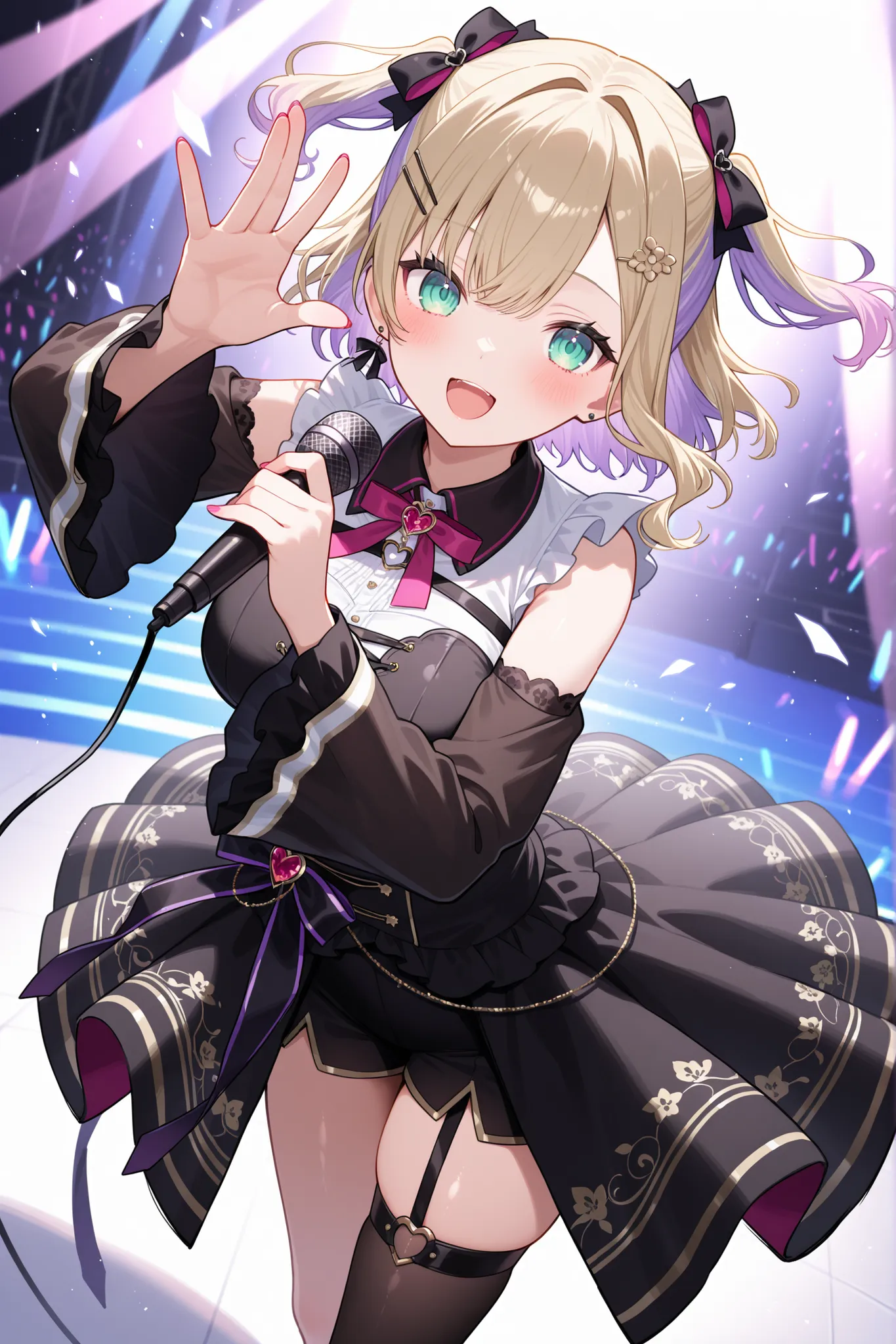Ultra High Resolution、super quality、Ultra High Definition、Super Detailed、masterpiece、4K、anime、Buispo、VSPO、 walnut's ah、kurumi noah、Stage、live venue、New Outfit 、microphone、Singing。