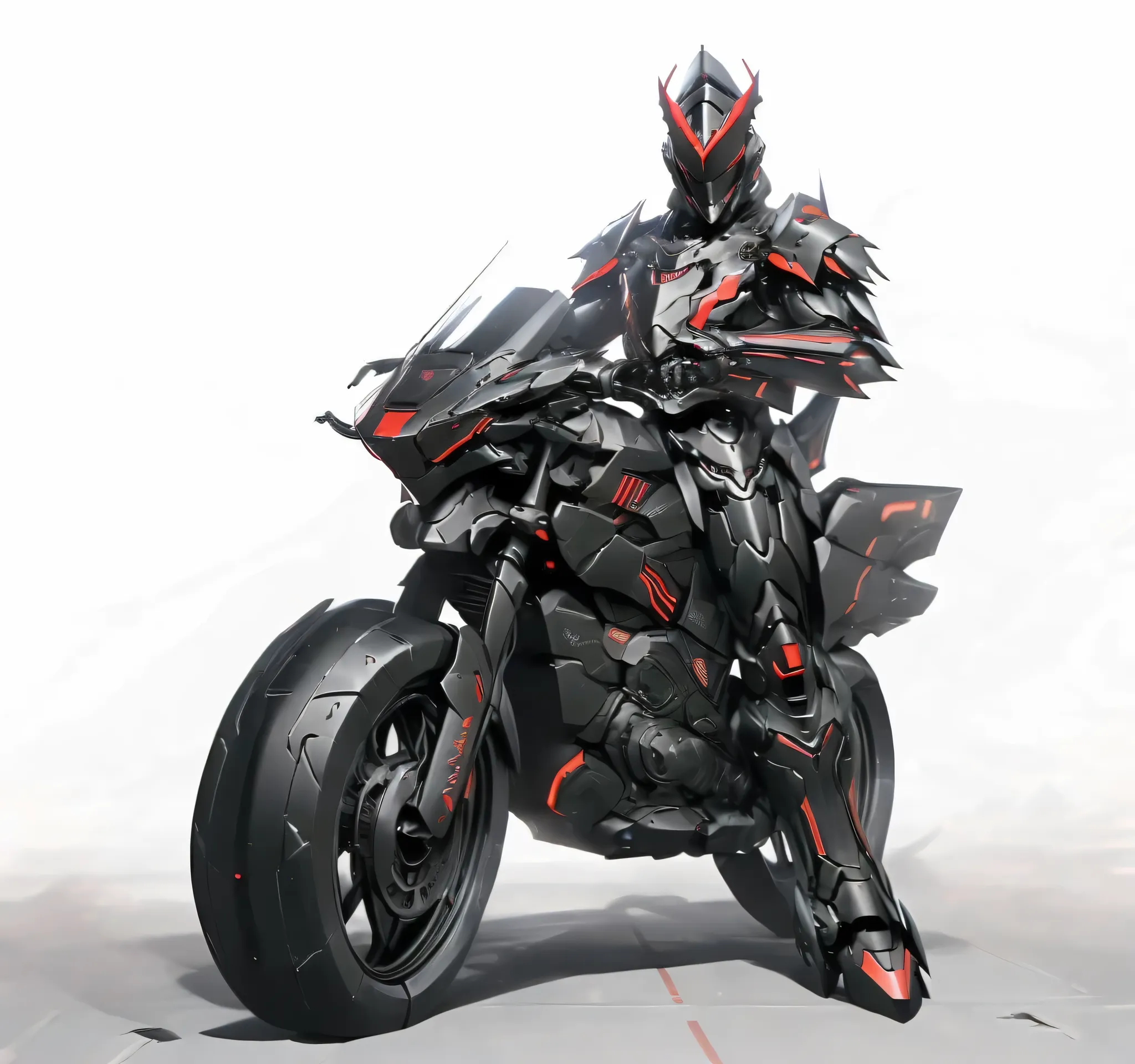 Close-up of a mecha riding a motorbike motorbike,has a red light, black and  red armor, Futuristic Armor, black armor, Dark armor, black and red reflective armor, Corrupted Armor, ,  red armor,  Demon Armor , Dark Futurism, complex assassin mech armor, ang...