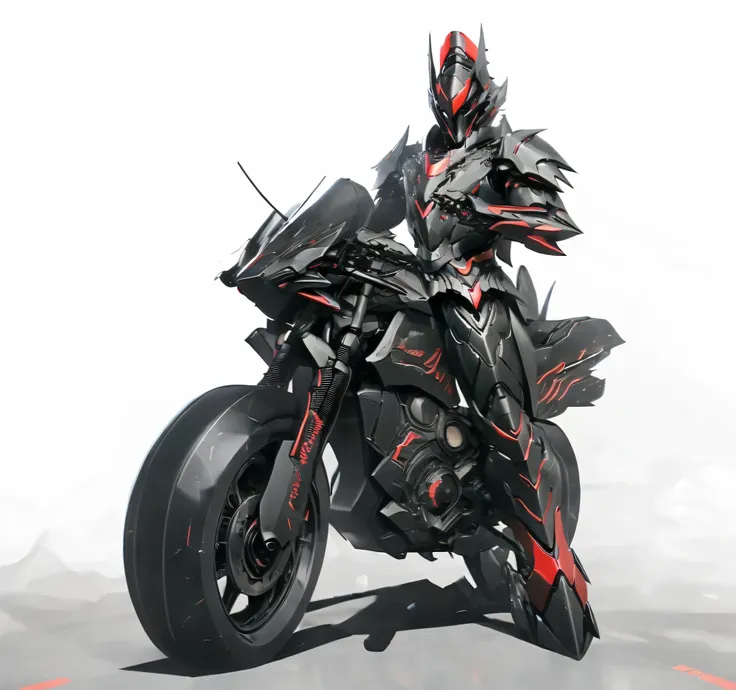 Close-up of a mecha riding a motorbike motorbike,has a red light, black and red armor, Futuristic Armor, black armor, Dark armor, black and red reflective armor, Corrupted Armor, , red armor, Demon Armor , Dark Futurism, complex assassin mech armor, ang...