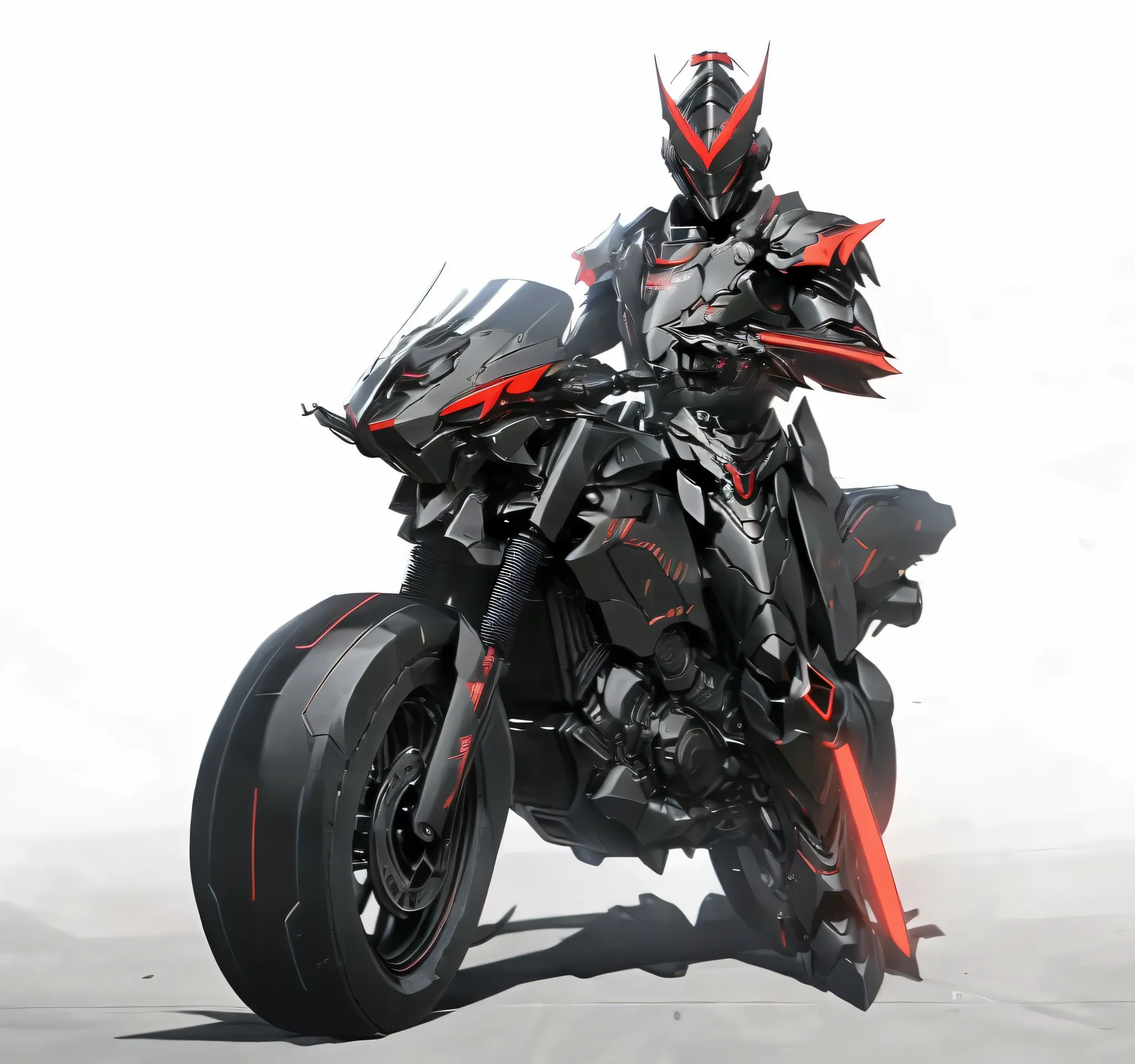 Close-up of a mecha riding a motorbike motorbike,has a red light, black and  red armor, Futuristic Armor, black armor, Dark armor, black and red reflective armor, Corrupted Armor, ,  red armor,  Demon Armor , Dark Futurism, complex assassin mech armor, ang...
