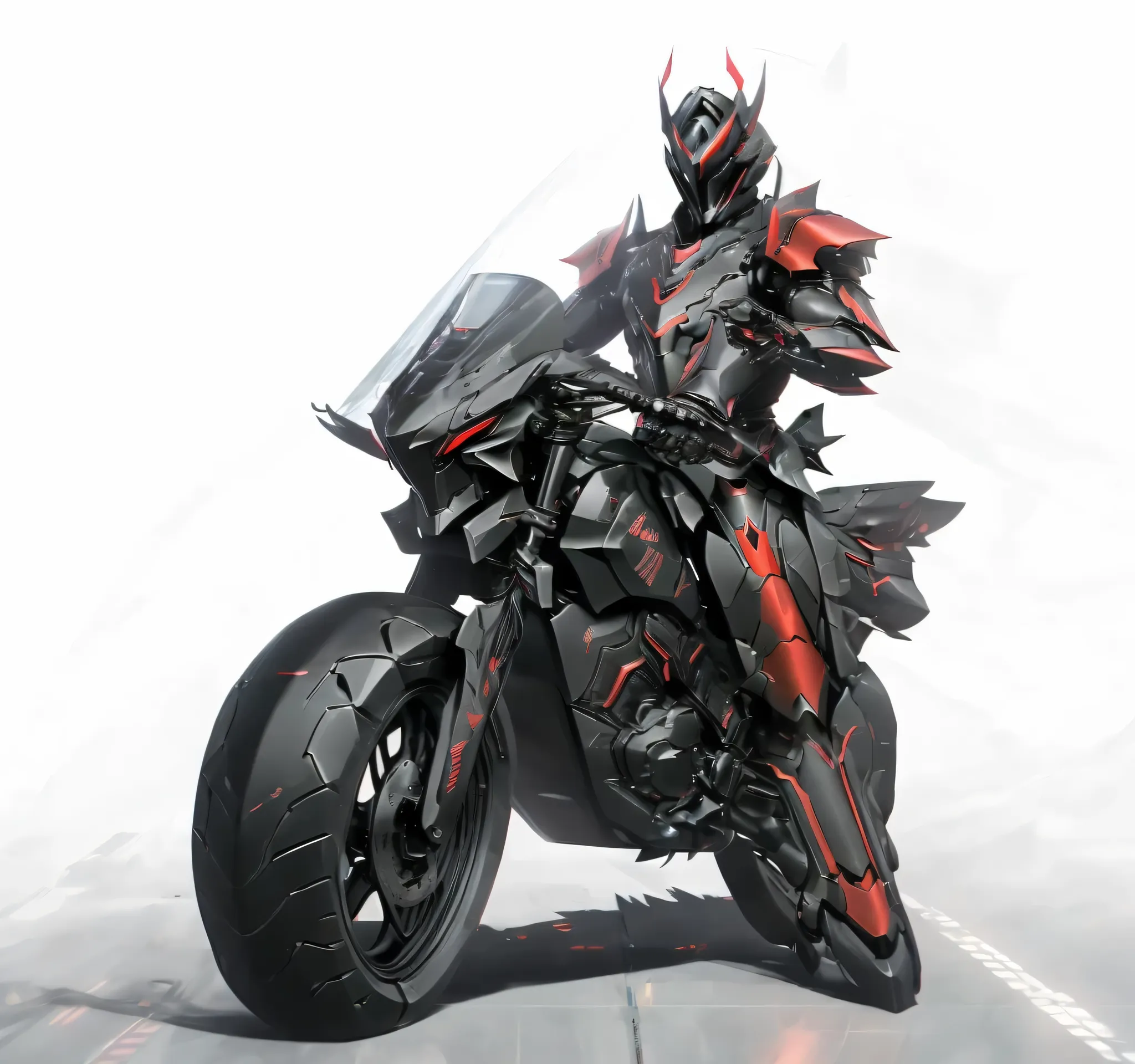 Close-up of a mecha riding a motorbike motorbike,has a red light, black and  red armor, Futuristic Armor, black armor, Dark armor, black and red reflective armor, Corrupted Armor, ,  red armor,  Demon Armor , Dark Futurism, complex assassin mech armor, ang...