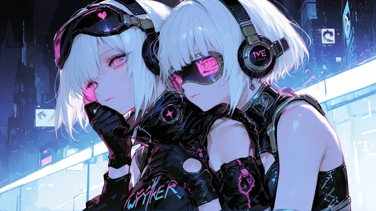 (Two Women :1.3)、two cool women、Dynamic、Cyber Fashion、headphones, Song、amazing、top quality,Cyber World Background,amazing、Moving Poses、fantastic、gloves、Goggles