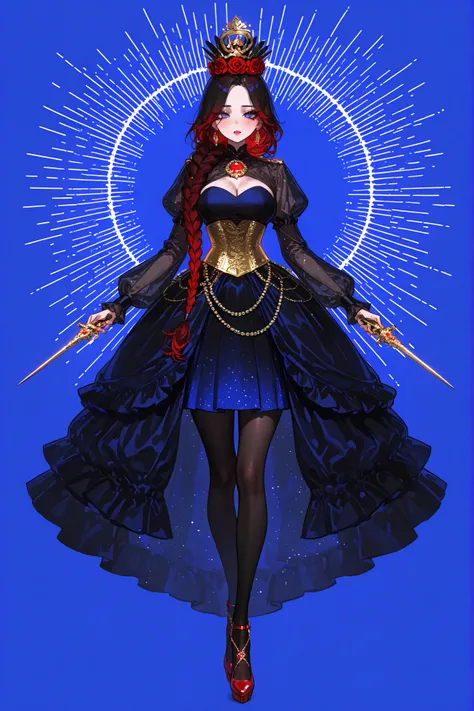 A beautiful mature woman,Queen of hearts\Russian Empress. She has white peach skin. She has a slender, tall figure and large, voluminous breasts. (no bangs) She has curly two-tone dark brown and dark blonde hair braided into a long braid on one side. She h...