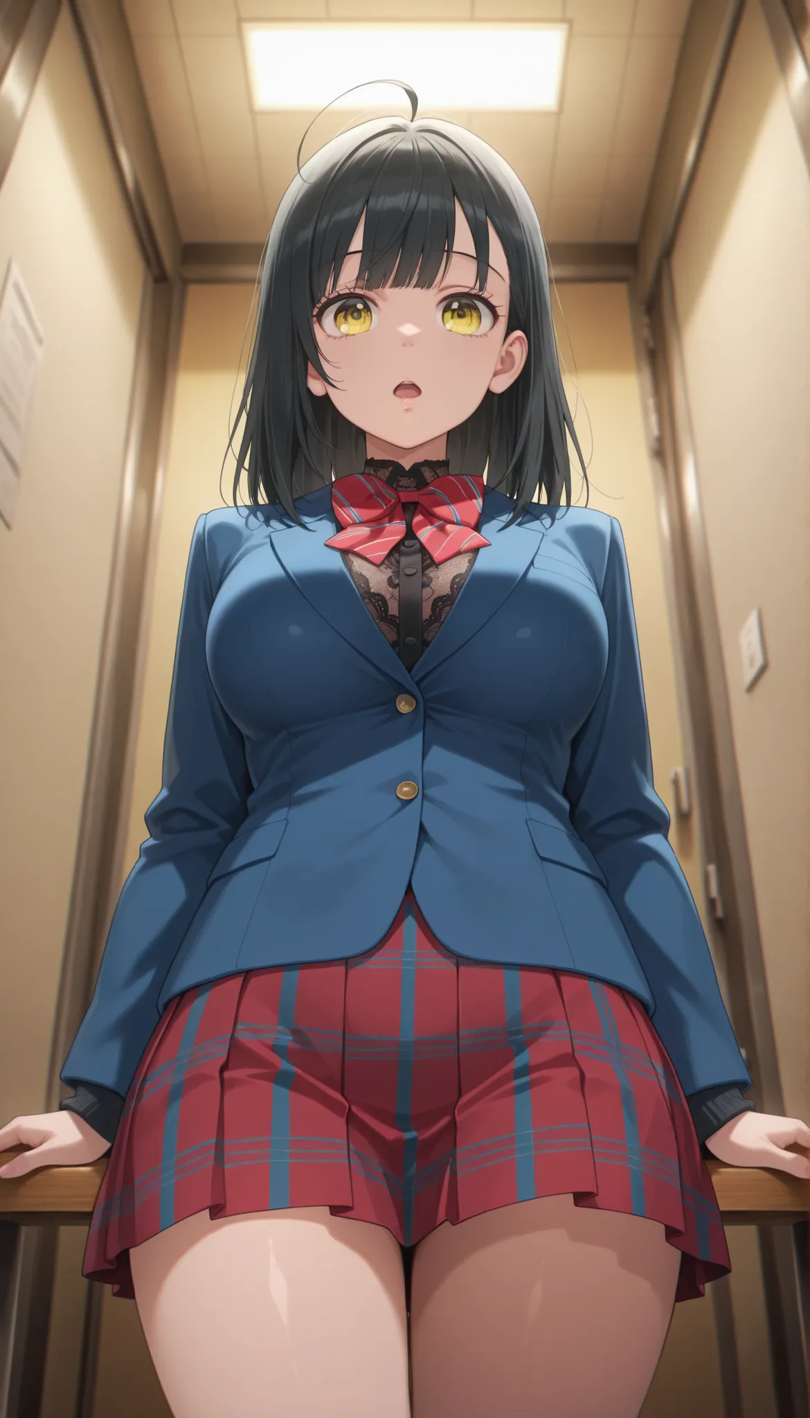masterpiece, best quality, 1girl, solo, straight-on, 1girl, black hair, yellow eyes, long hair, ahoge, school uniform, long sleeves, red bowtie, red skirt, blue skirt, blue jacket,lace blouse,  trouble face, striped bowtie,plaid skirt, pleated skirt, thigh...