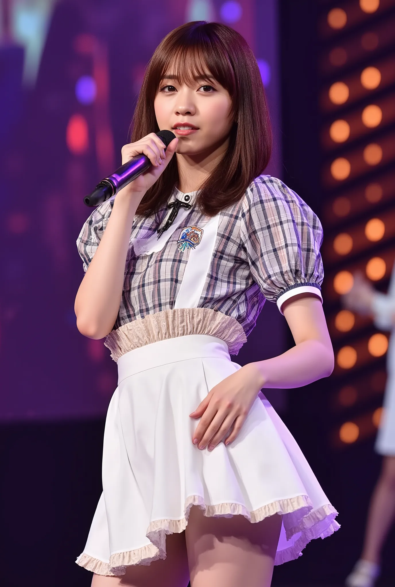 enchanting , ( Top Bronze ,4K,8k, high res,masterpiece:1.2), Super Detailed ,( realistic,photo realistic,photo- realistic:1.37), bright color、     Take a close look at the viewer's genitals  、live venue、Sing and dance、Idol, (Idol costume,    all skirts    ...