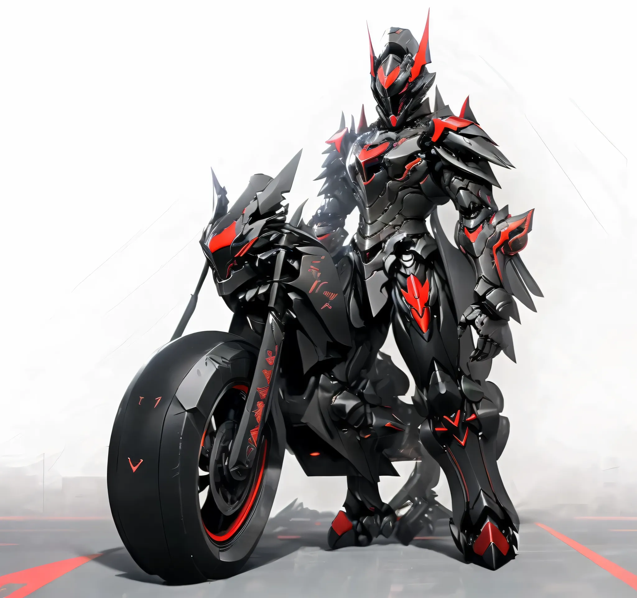 Close-up of a mecha riding a motorbike motorbike,has a red light, black and  red armor, Futuristic Armor, black armor, Dark armor, black and red reflective armor, Corrupted Armor, ,  red armor,  Demon Armor , Dark Futurism, complex assassin mech armor, ang...