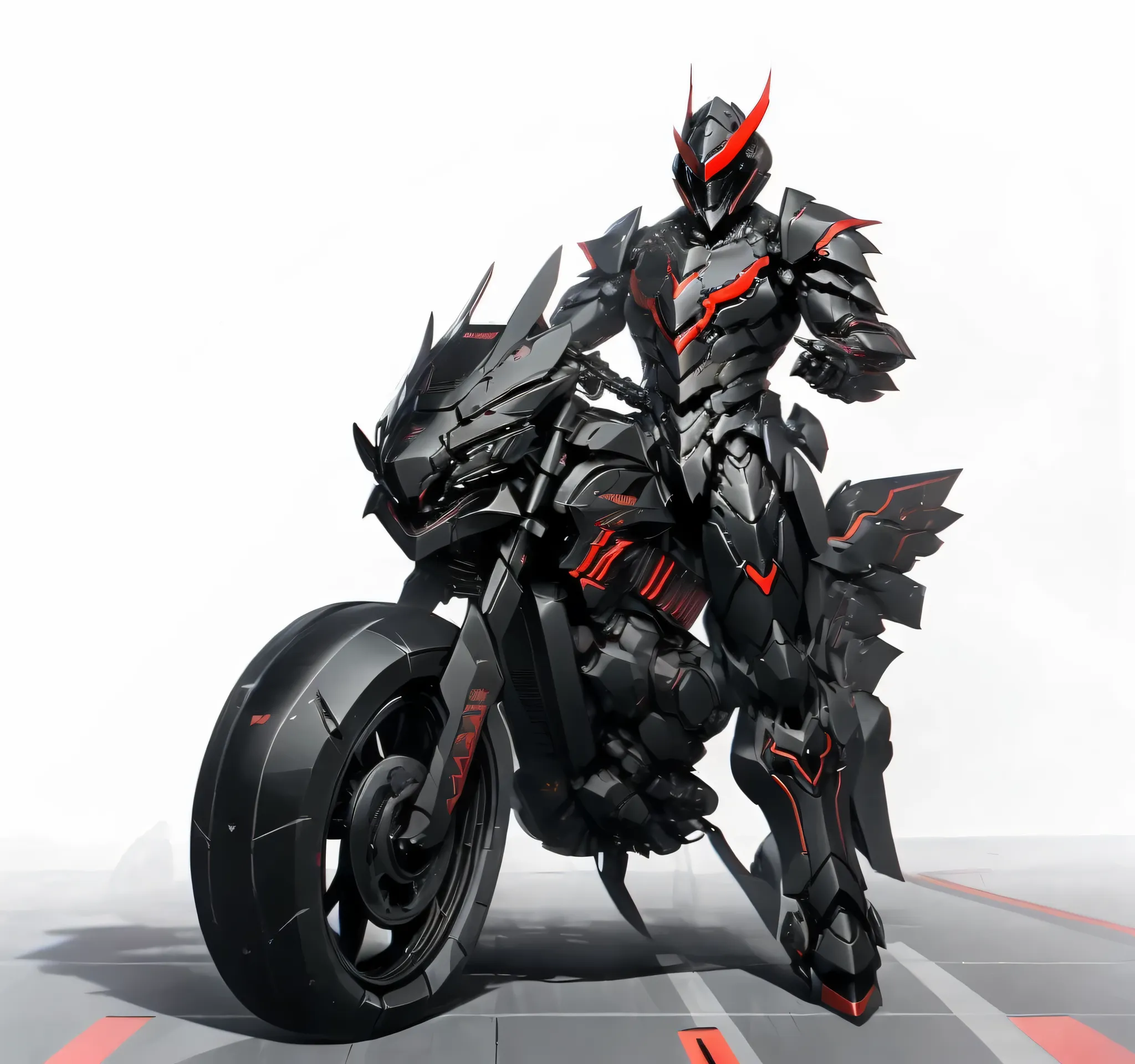 Close-up of a mecha riding a motorbike motorbike,has a red light, black and  red armor, Futuristic Armor, black armor, Dark armor, black and red reflective armor, Corrupted Armor, ,  red armor,  Demon Armor , Dark Futurism, complex assassin mech armor, ang...