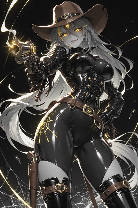 masterpiece, ultra-detailed, best quality, dramatic lighting main charactor:
- ((seductive female gunslinger))
- ((monochrome grey scale))
- ((mesmerizing glowing yellow eyes))
- ((intense luminous eye effect))
- ((yellow eye streaks like lightning))
- ((radiant eye reflection))
- ((predatory gaze))
- ((femme fatale expression))
- ((perfectly defined facial features))
- ((long flowing hair in wind)) costume:
- ((tight-fitting western outfit))
- ((leather corset))
- ((gun belt slung low on hips))
- ((thigh-high boots))
- ((form-fitting pants))
- ((tilted cowboy hat casting shadow)) pause action:
- ((dynamic shooting pose))
- ((aiming directly at viewer))
- ((smoking gun barrel))
- ((confident deadly stance)) effect:
- ((pure black background))
- ((shattered glass effect overlay))
- ((yellow light trails from eyes))
- ((glowing eye reflections in glass shards))
- ((spider web crack pattern))
- ((bullet impact cracks))
- ((glass fragments catching eye light))
- ((ethereal yellow glow effects)) lighting:
- ((high contrast monochrome))
- ((dramatic shadows))
- ((yellow eye light casting subtle glow))
- ((glass reflection highlights))
- ((metallic gleam on gun))
- ((light radiating from eyes))