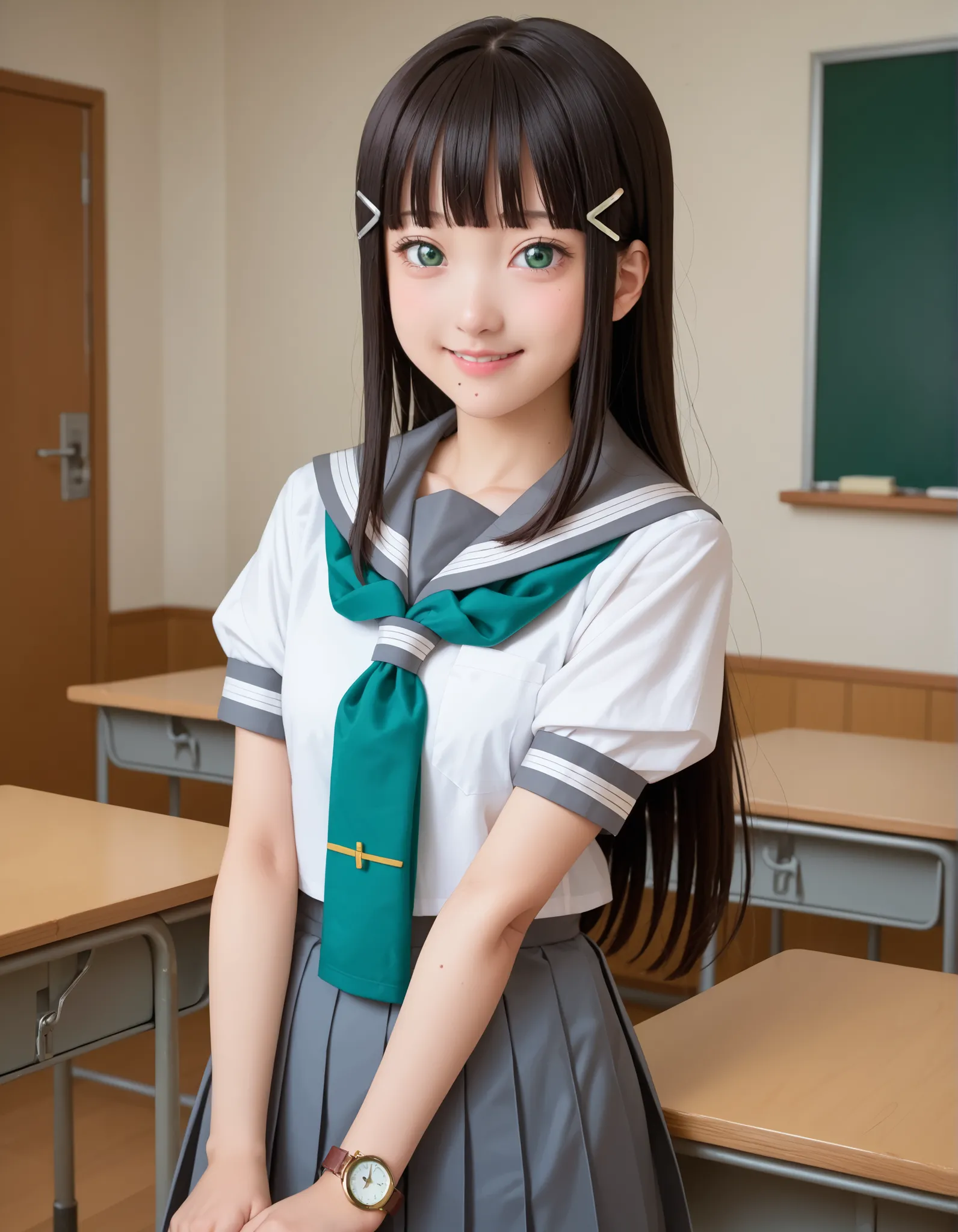  score_9,  score_8_up,  score_7_up, sauce_anime,
Mr. Kurosawa, Kurosawa diamond, long hair, Bang,  black hair ,  hair ornament , green eyes,  side lock, hair clip, blunt Bang, Mole, Mole under mouth, smile,
skirt,  school uniform , short sleeves, pleated s...