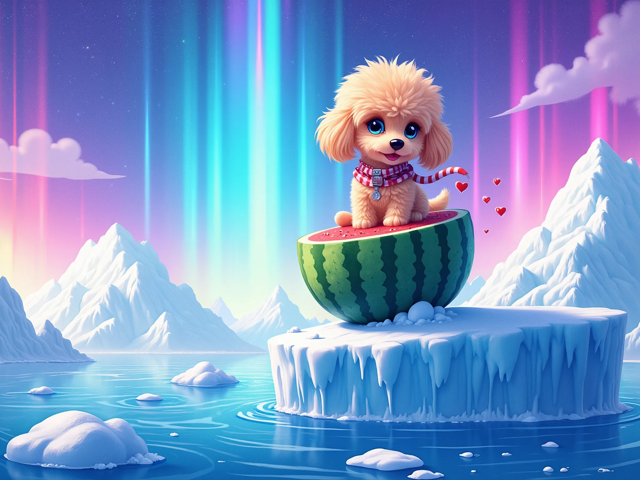 ( top quality、 and high precision、 Masterpiece:1.4)、16K、 original photo 、realistic photo、(( watercolor、painting picture))、realistic photo、 fantasy、dynamic art expression、 absurd、on top of a super large iceberg、The sky is covered by seven brightly colored m...
