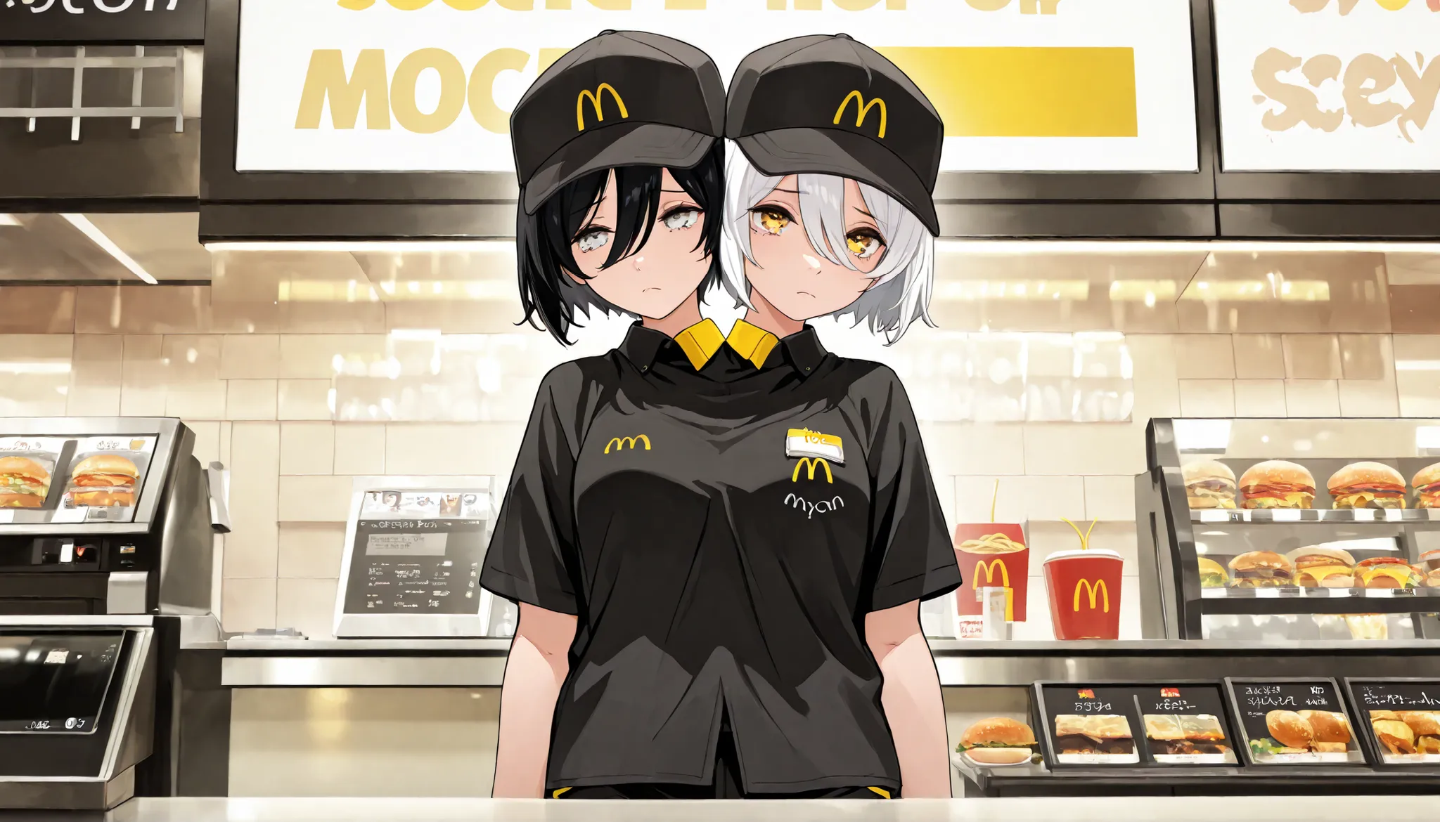 score_9, score_8_up, score_7_up, ((source_anime)) sexy girl, masterpiece , half-body shot, best quality , , highres , absurdres , 1girl , natsufuyu , young ,anime woman with two heads, conjoined, medium chest ,short hair , employee uniform , black shirt, b...