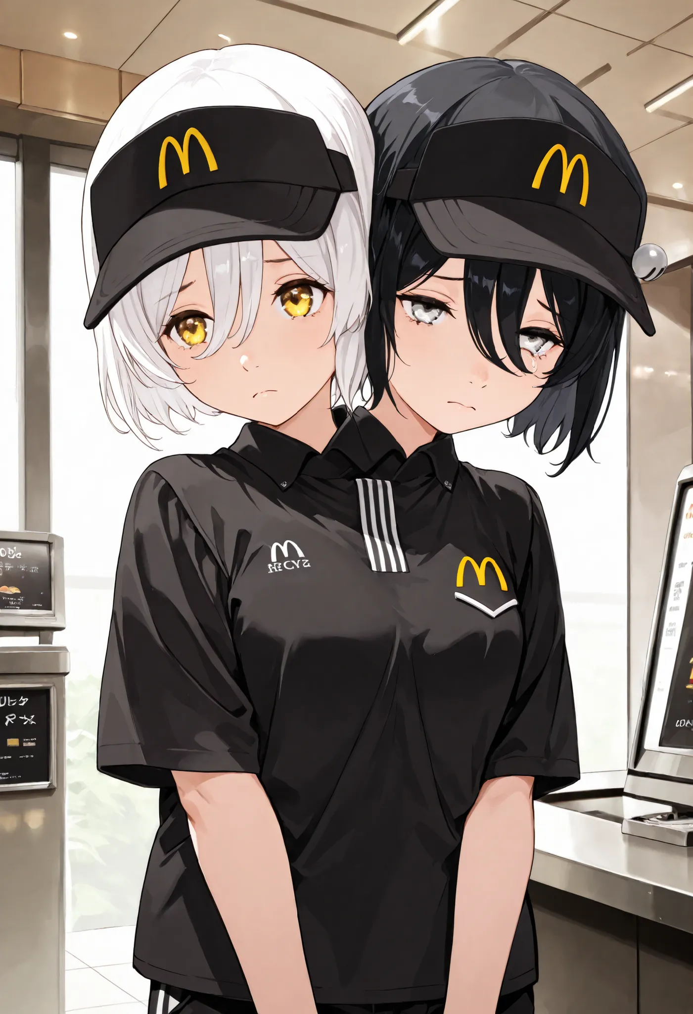 score_9, score_8_up, score_7_up, ((source_anime)) sexy girl, masterpiece , half-body shot, best quality , , highres , absurdres , 1girl , natsufuyu , young ,anime woman with two heads, conjoined, medium chest ,short hair , employee uniform , black shirt, b...