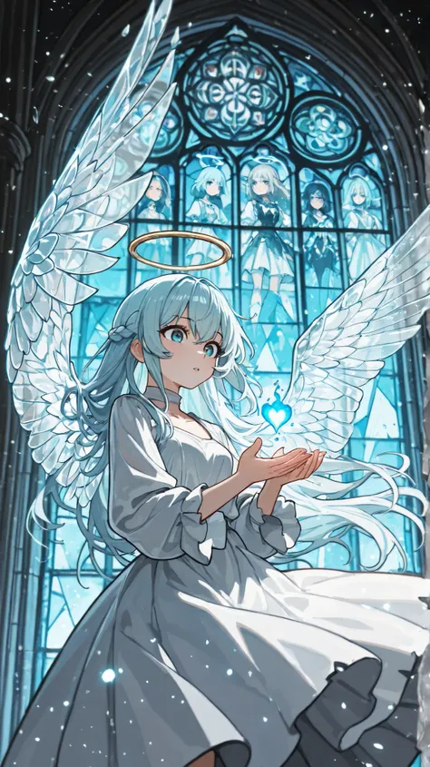 ArsMJStyle, Stained vidro, (melhor qualidade), (mestra), (ultra detalhado), uma garota, only, menina bonita,
(long light blue hair flowing and wavy), (bright white dress), (sorriso modesto), (Hopeful expression), (eyes blue as the sky, maravilhados), holdi...