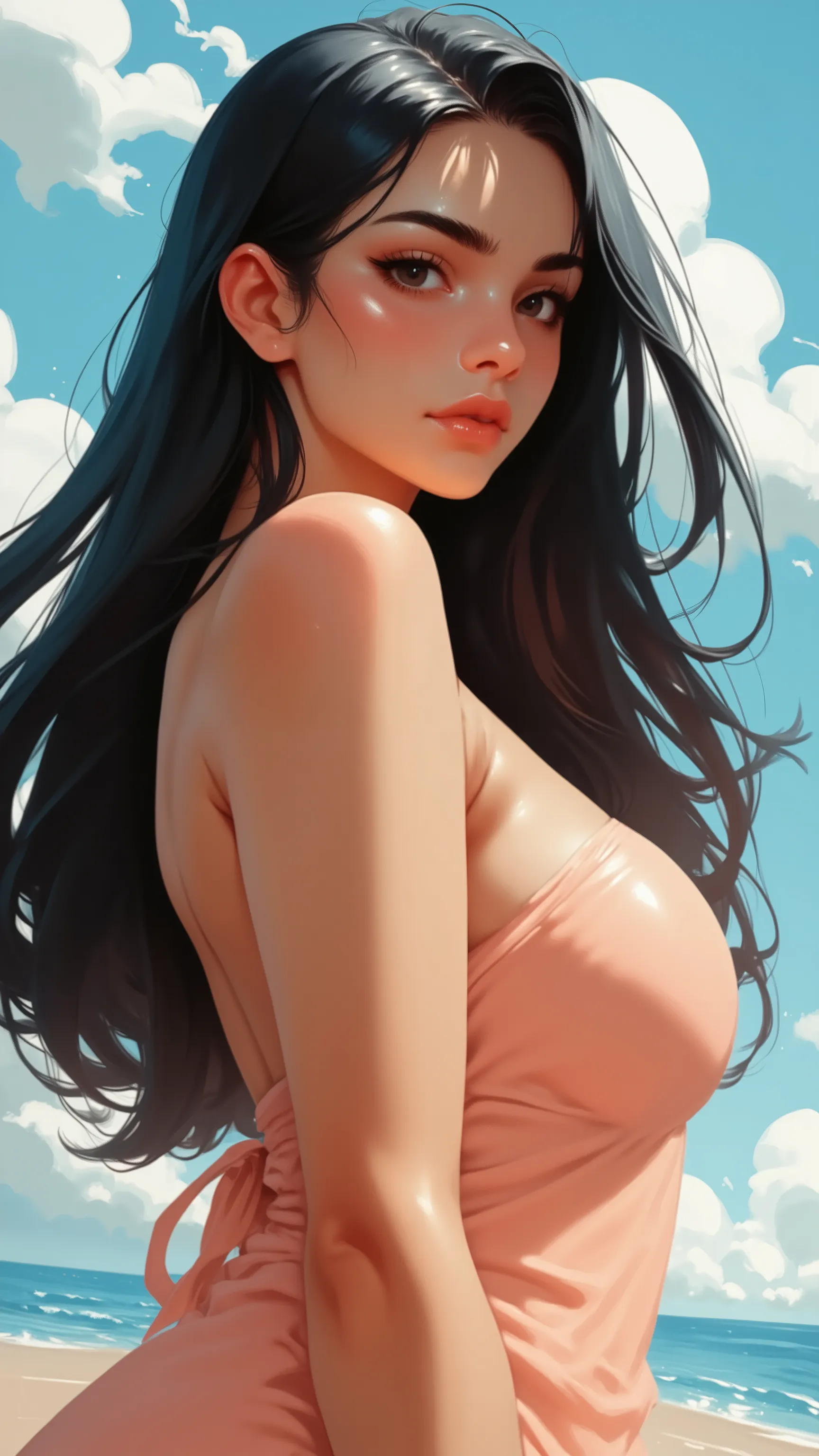  A illustration in the rimixa style, upper body, a woman with swayed long black hair, black eyes, looking forward, she has an asian face features, beautiful body, sexy summer dress, peach color dress, she has beautiful breasts, blue sky with white clouds b...