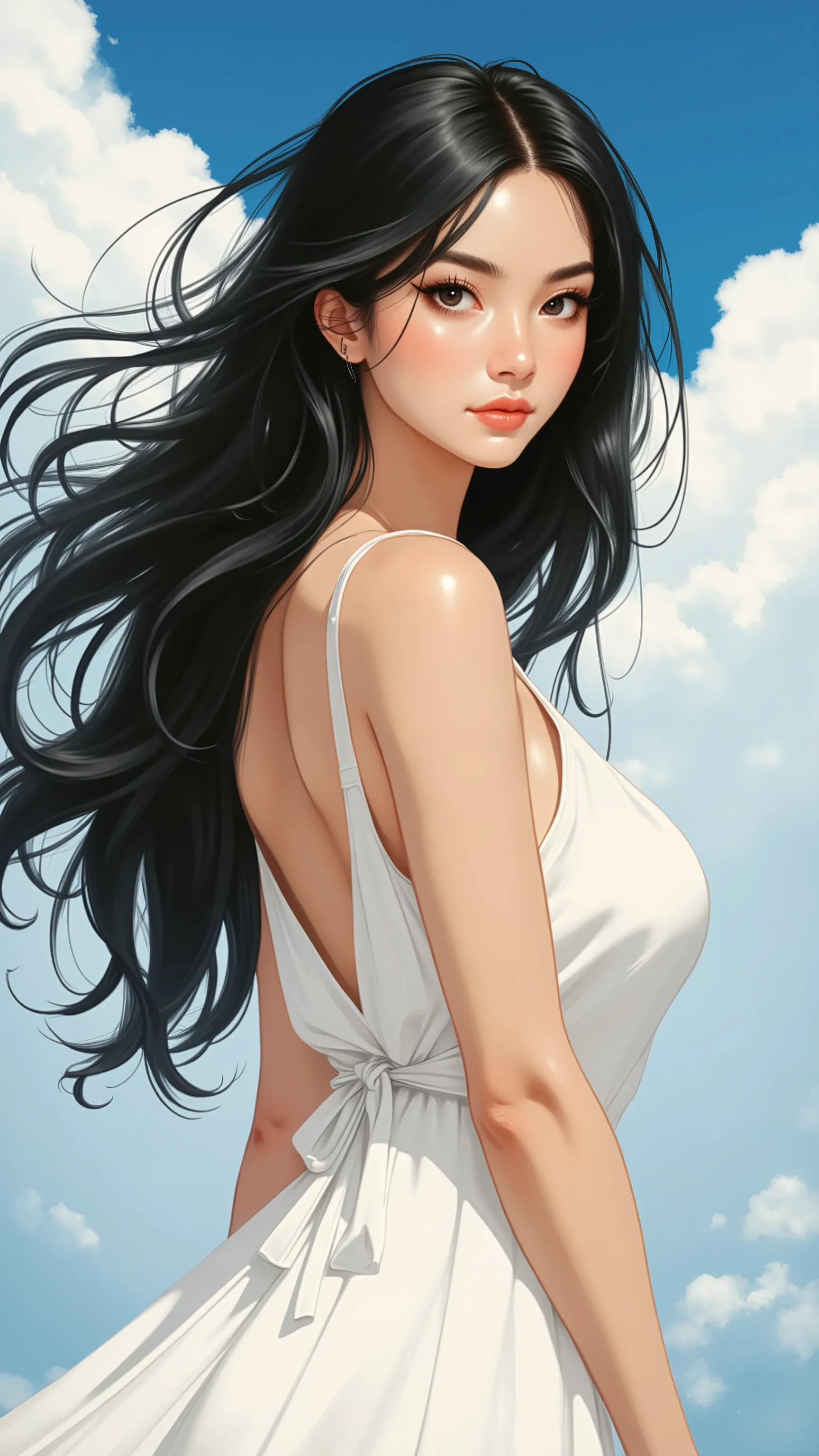  A illustration in the rimixa style, upper body, a woman with swayed long black hair, black eyes, looking forward, she has an asian face features, beautiful body, sexy summer dress, white color dress, she has beautiful breasts, blue sky with white clouds b...