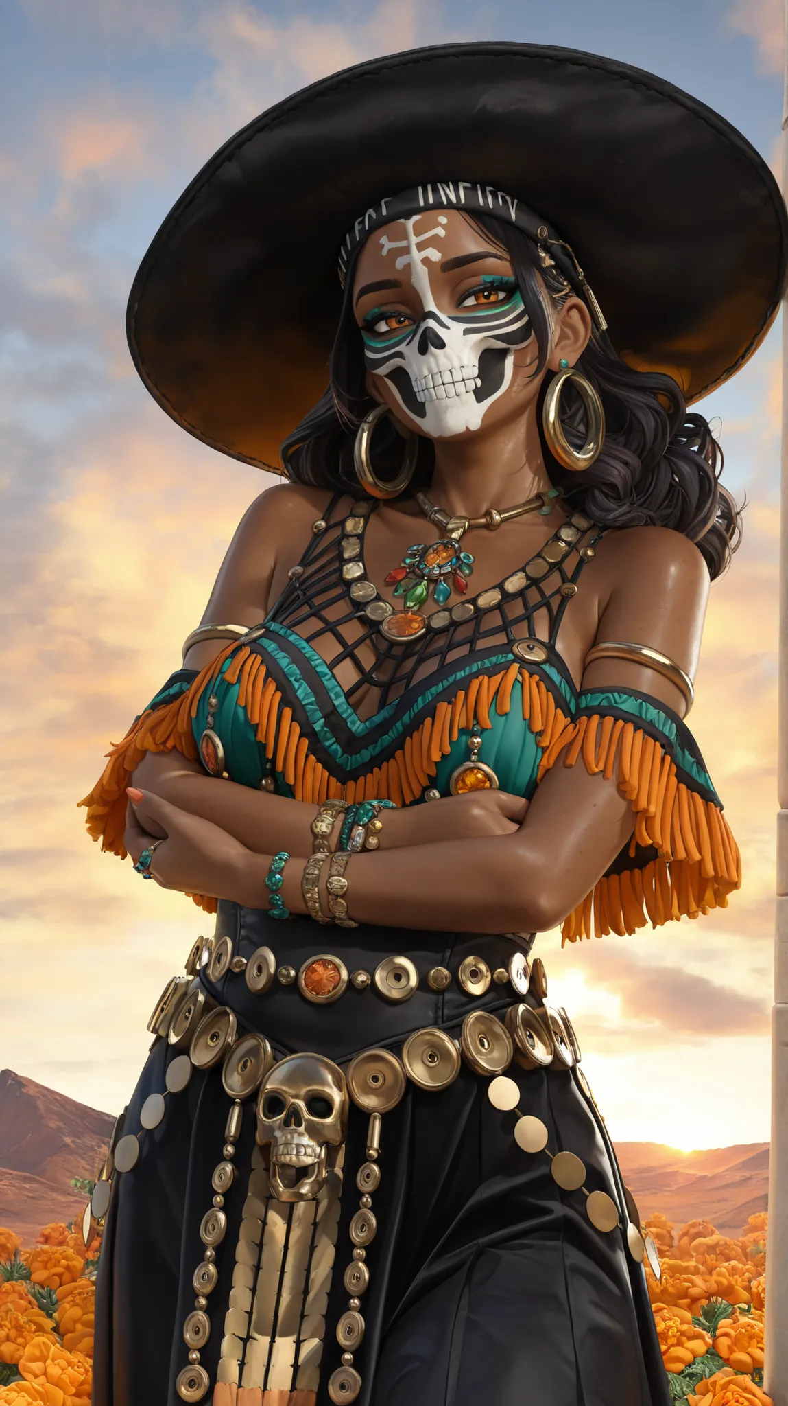 ((1woman, solo, chicana Italian indigenous chola homegirl, wearing skeleton face white and black paint ,intricate skeleton face paint,)), (((
, infinity fields of marigold orange flowers, )))
32 year old beautiful model Chicana woman with dark bronzed oliv...
